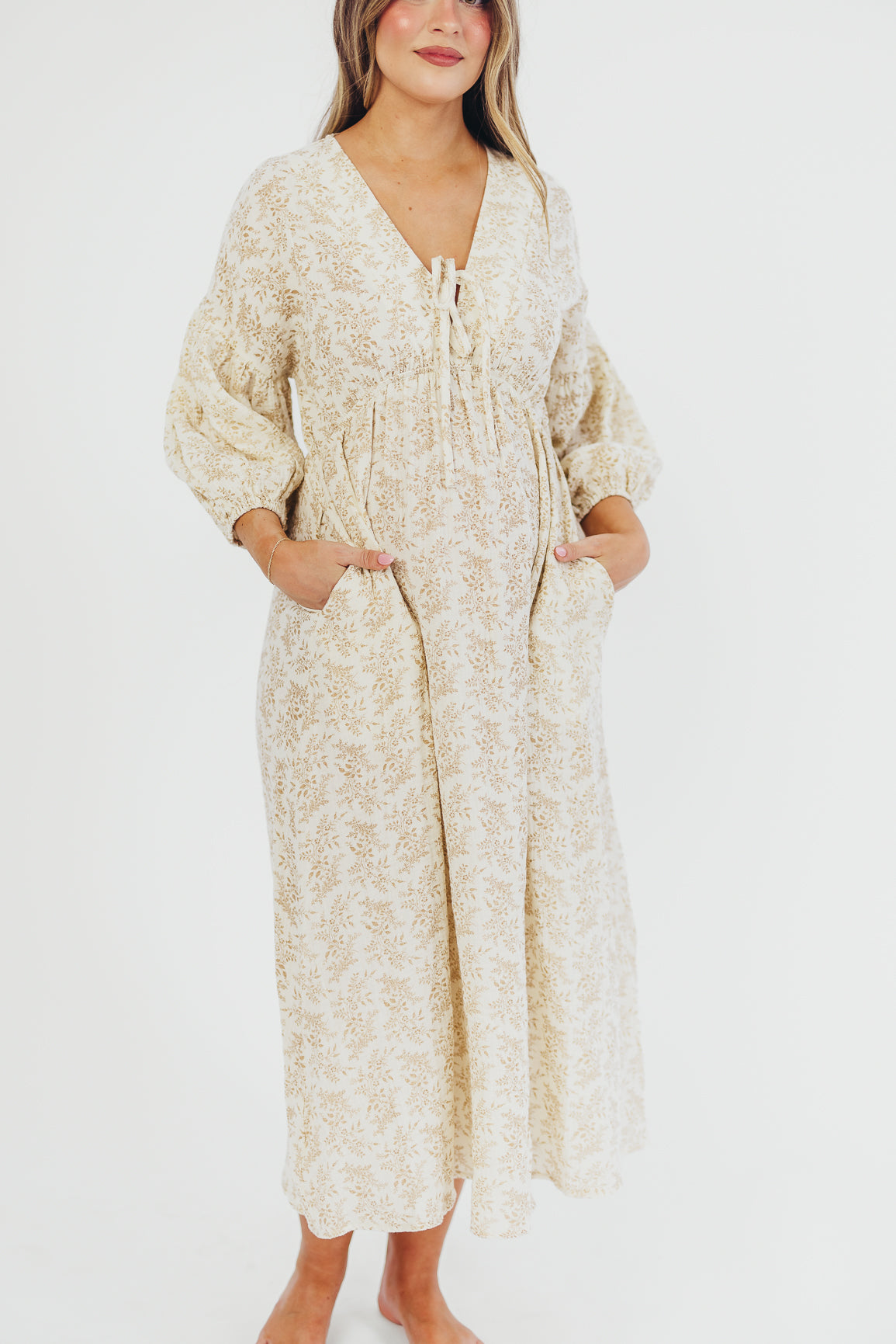 Hunter 100% Cotton Gauze Midi Dress in Natural/Tan Floral - Bump Friendly