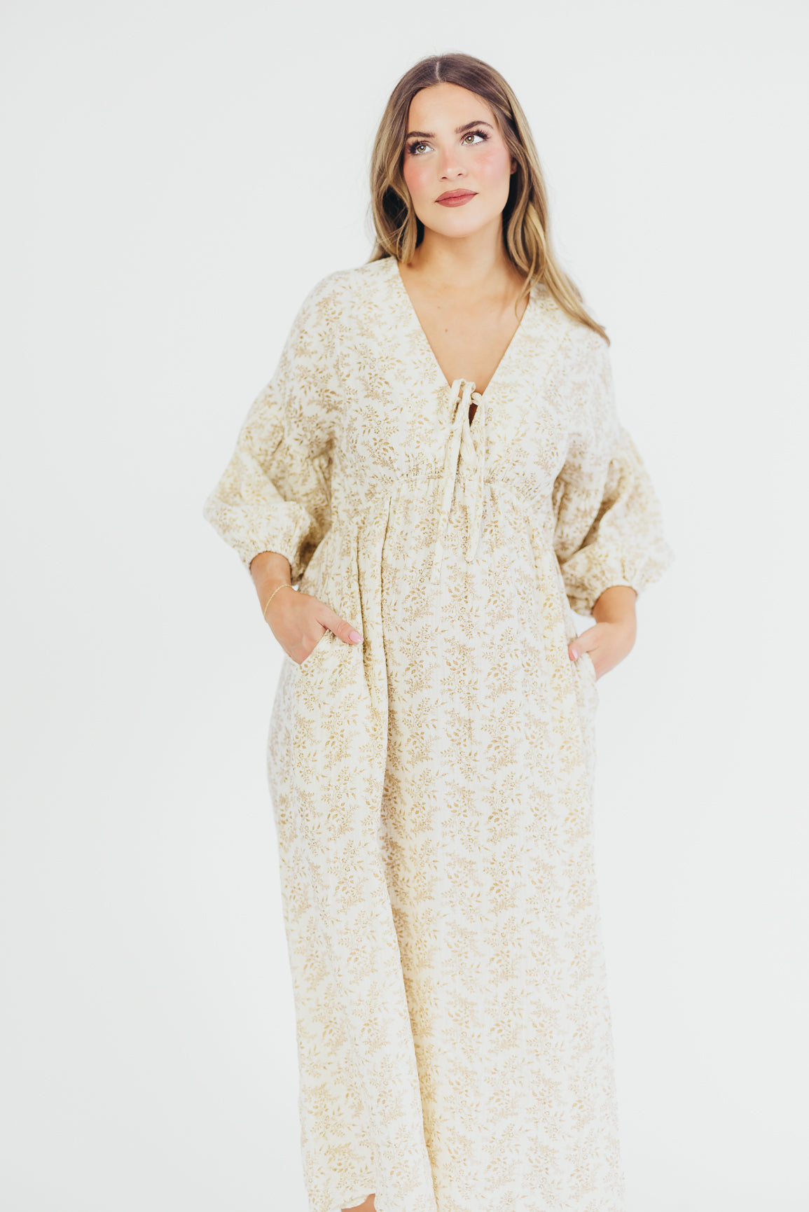 Hunter 100% Cotton Gauze Midi Dress in Natural/Tan Floral - Bump Friendly