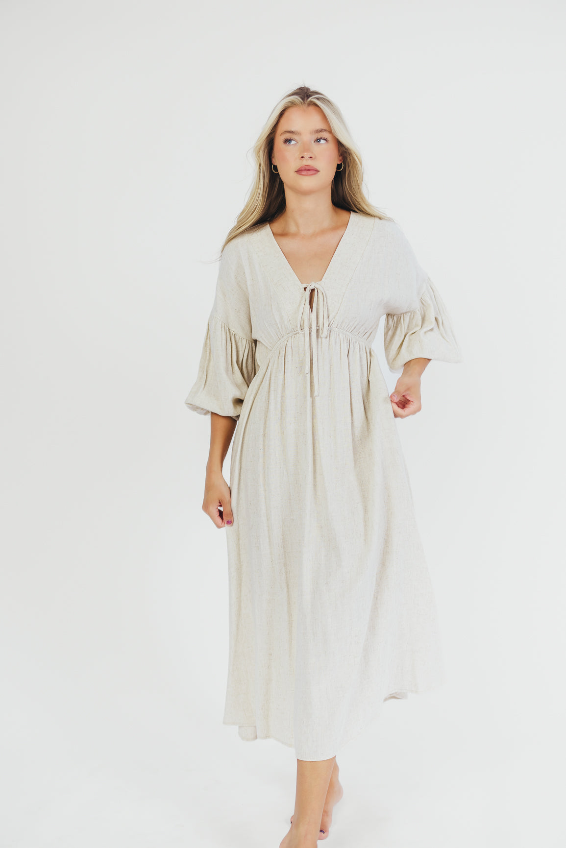 Hunter Linen-Blend Midi Dress in Greige - Bump Friendly