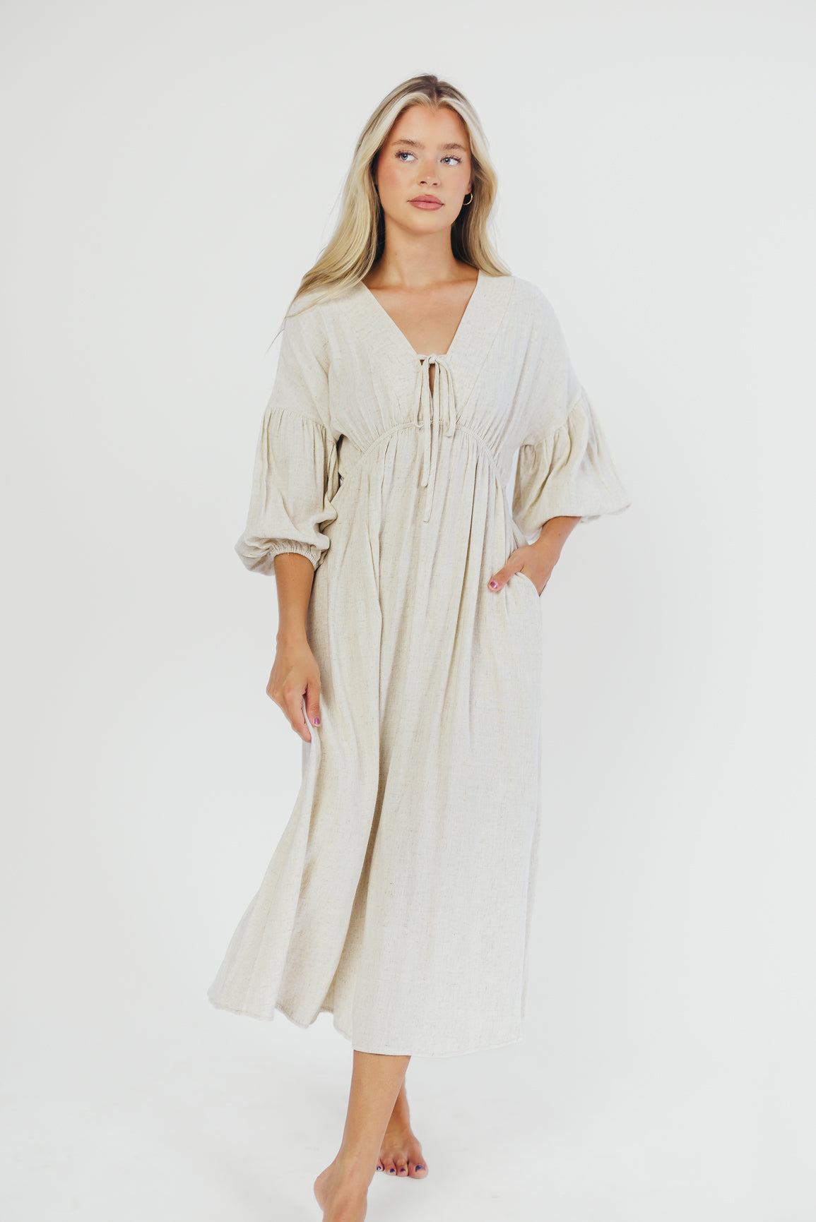 Hunter Linen-Blend Midi Dress in Greige - Bump Friendly