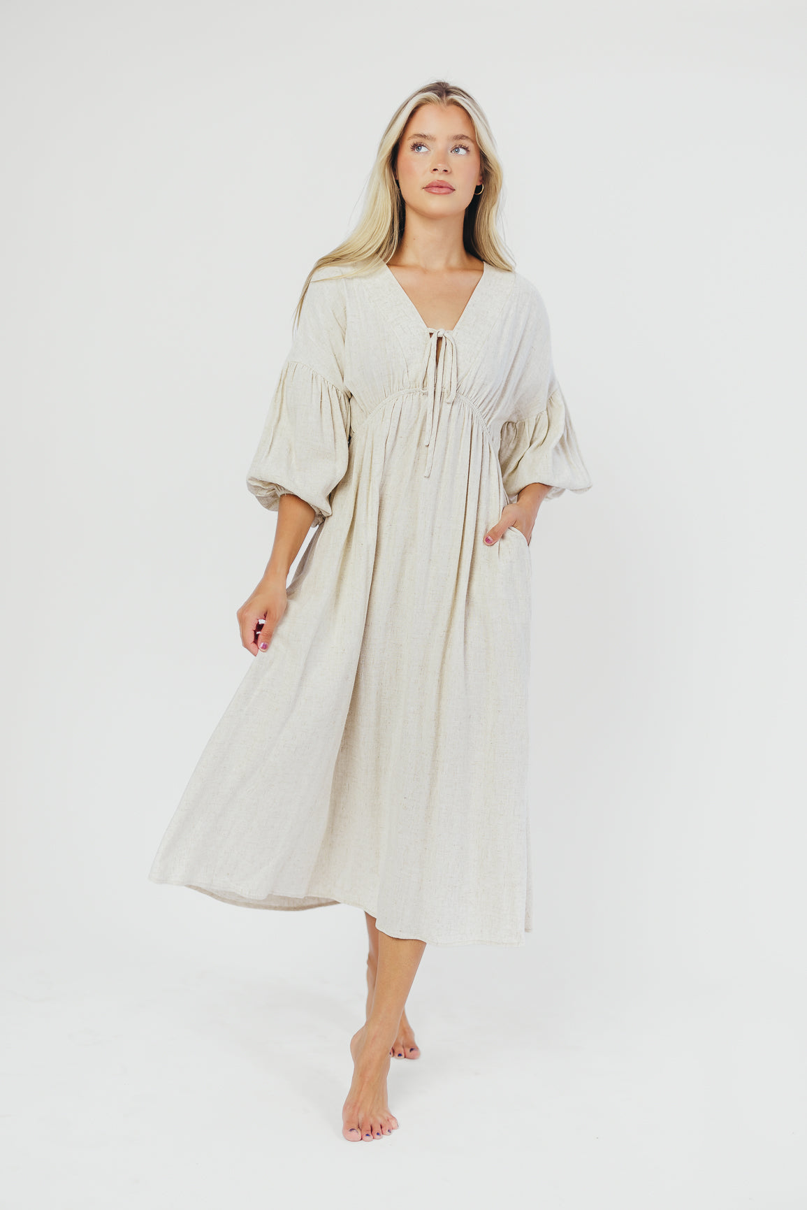 Hunter Linen-Blend Midi Dress in Greige - Bump Friendly