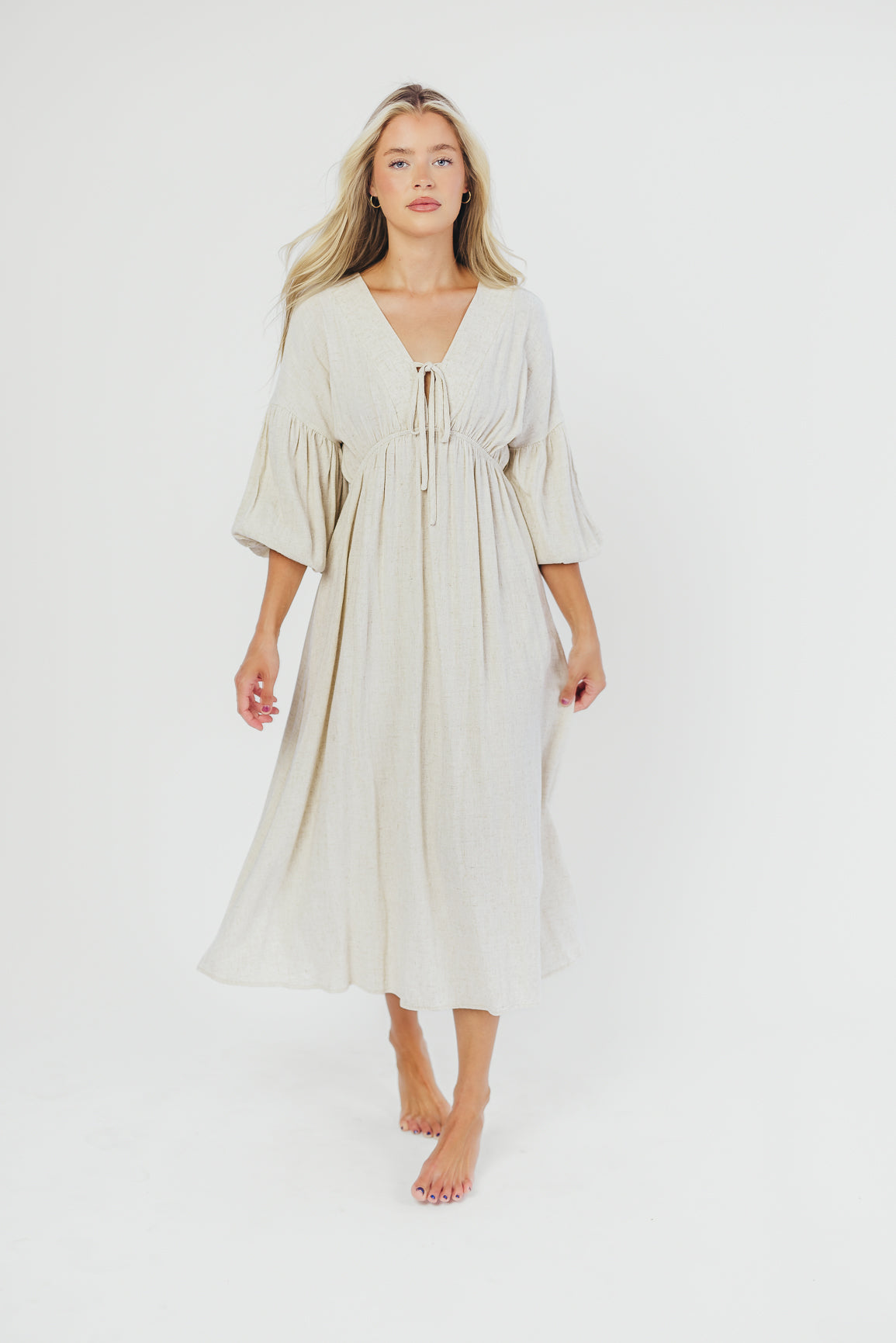 Hunter Linen-Blend Midi Dress in Greige - Bump Friendly