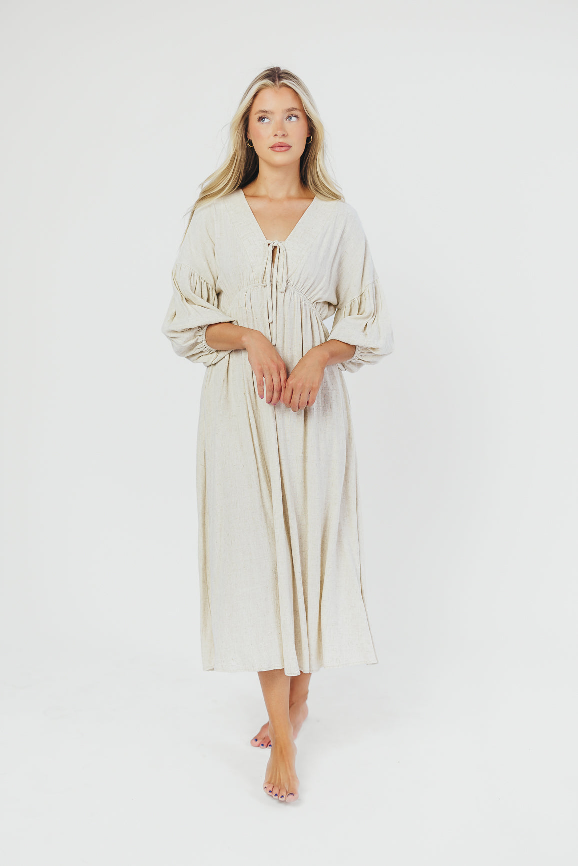 Hunter Linen-Blend Midi Dress in Greige - Bump Friendly