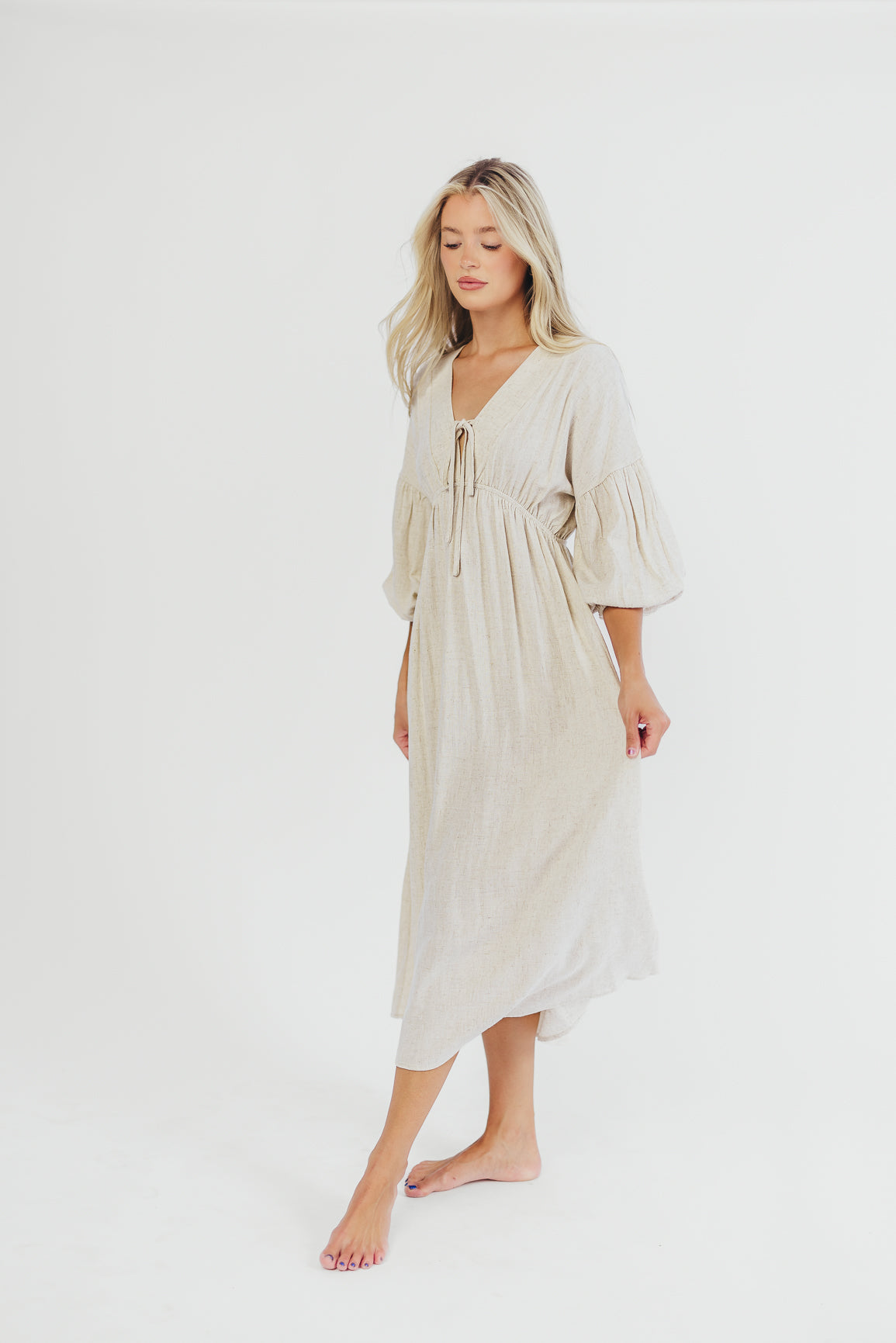 Hunter Linen-Blend Midi Dress in Greige - Bump Friendly