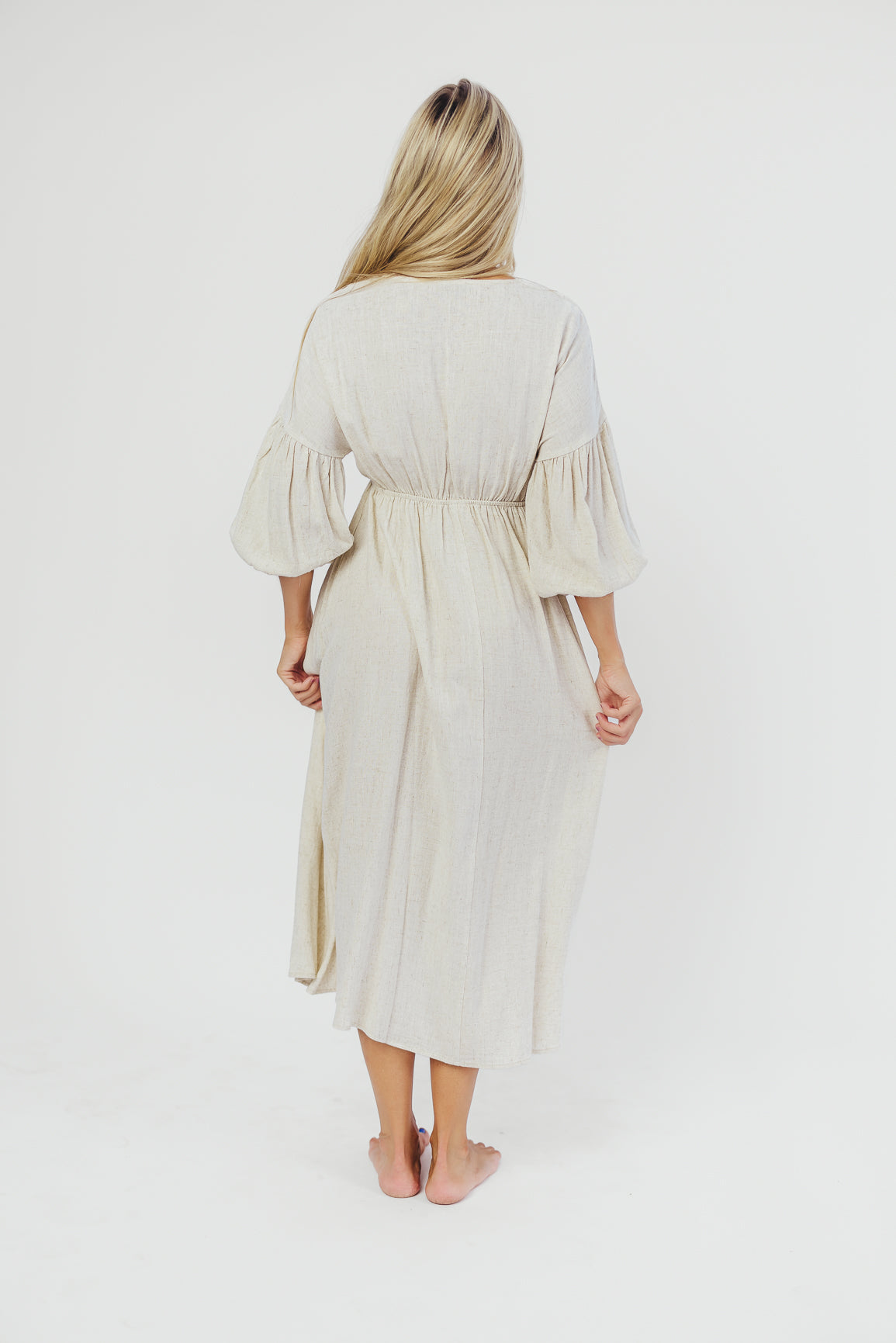 Hunter Linen-Blend Midi Dress in Greige - Bump Friendly