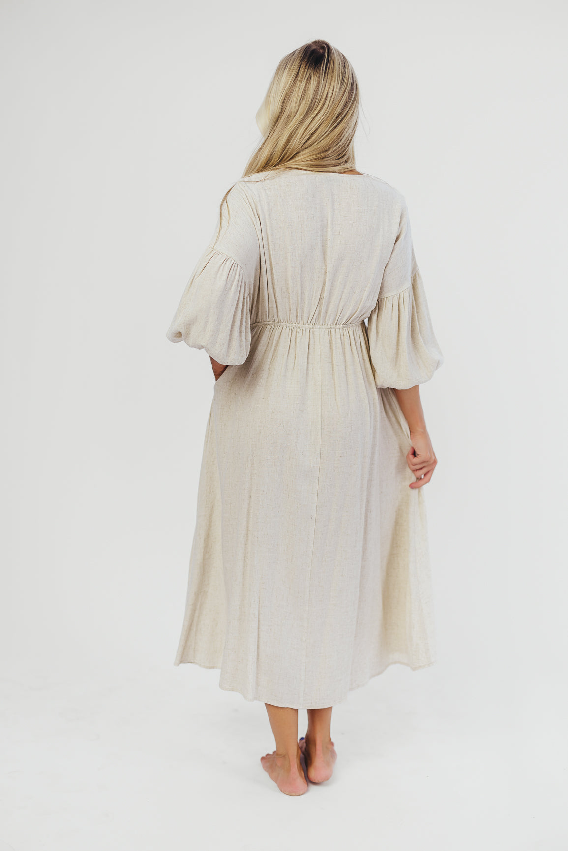 Hunter Linen-Blend Midi Dress in Greige - Bump Friendly