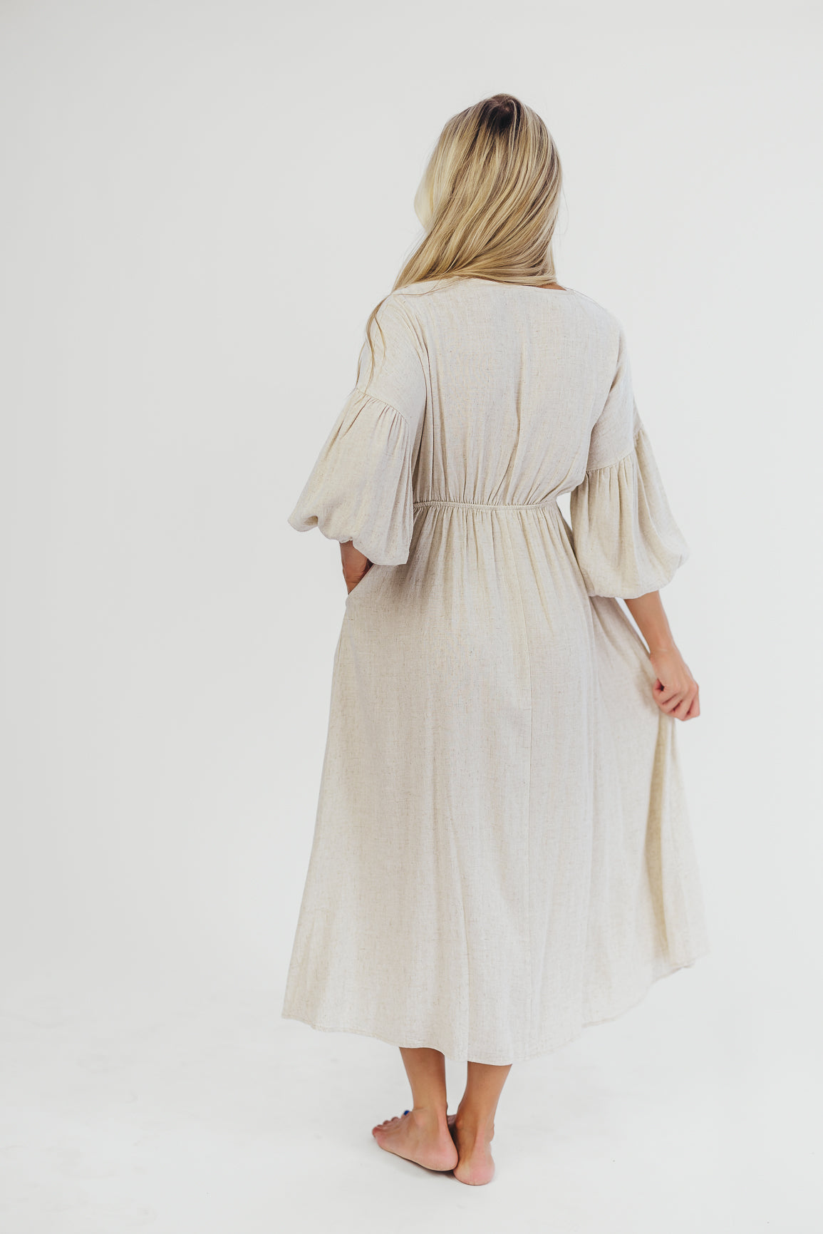 Hunter Linen-Blend Midi Dress in Greige - Bump Friendly