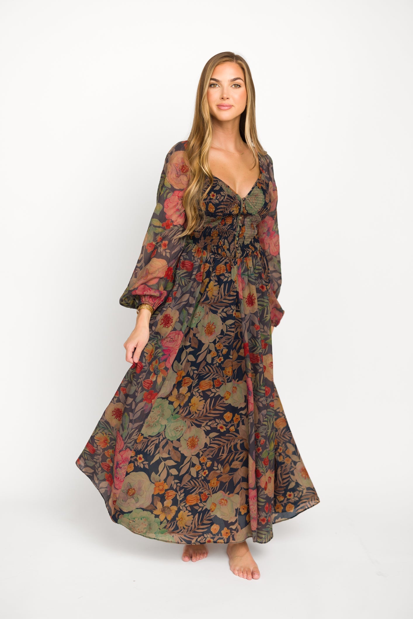 Steph Smocked Button-Front Maxi Dress in Midnight Floral