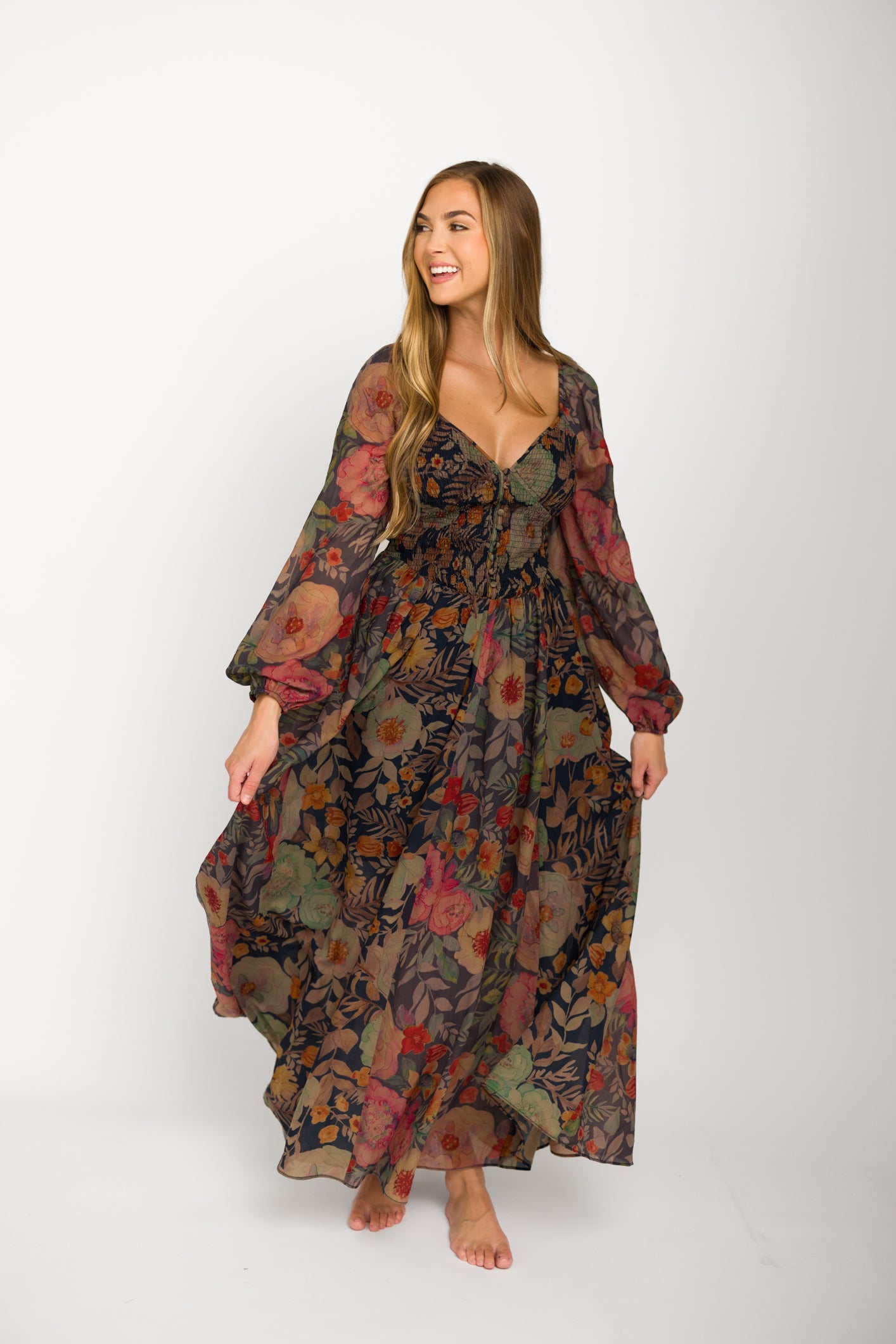 Steph Smocked Button-Front Maxi Dress in Midnight Floral