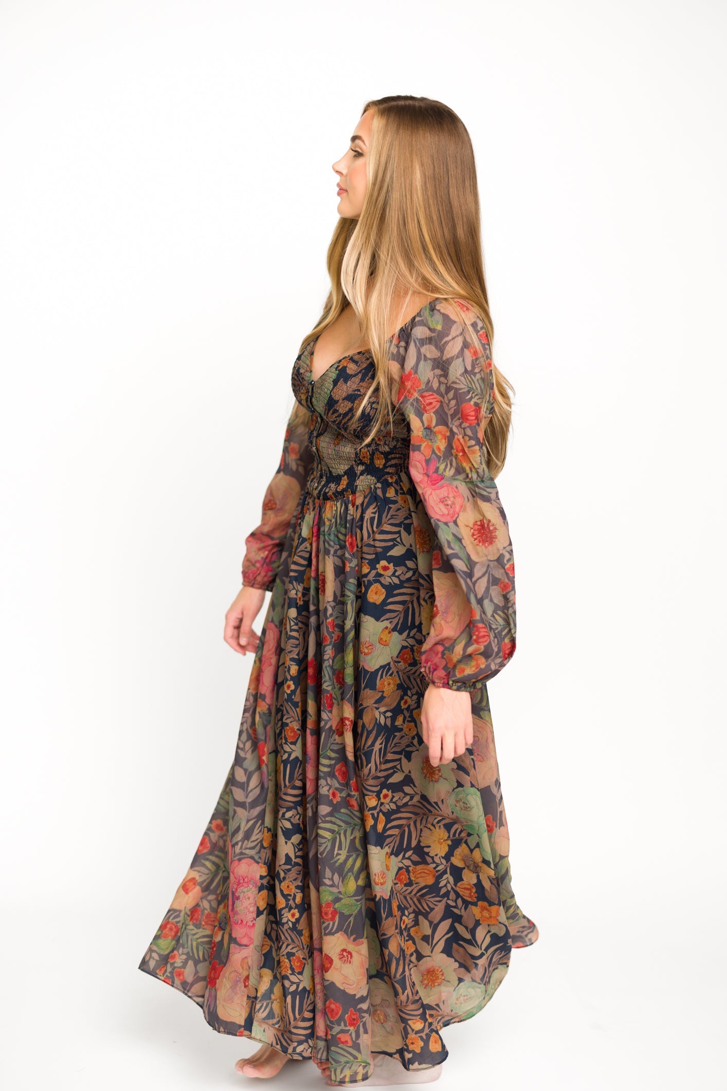 Steph Smocked Button-Front Maxi Dress in Midnight Floral