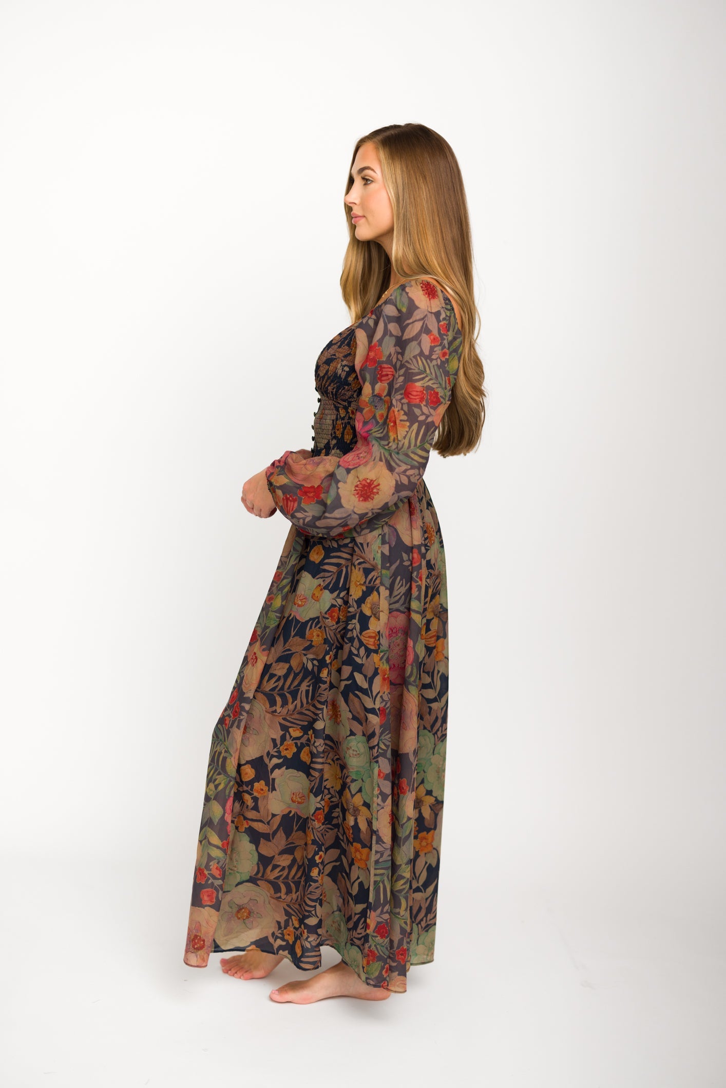 Steph Smocked Button-Front Maxi Dress in Midnight Floral