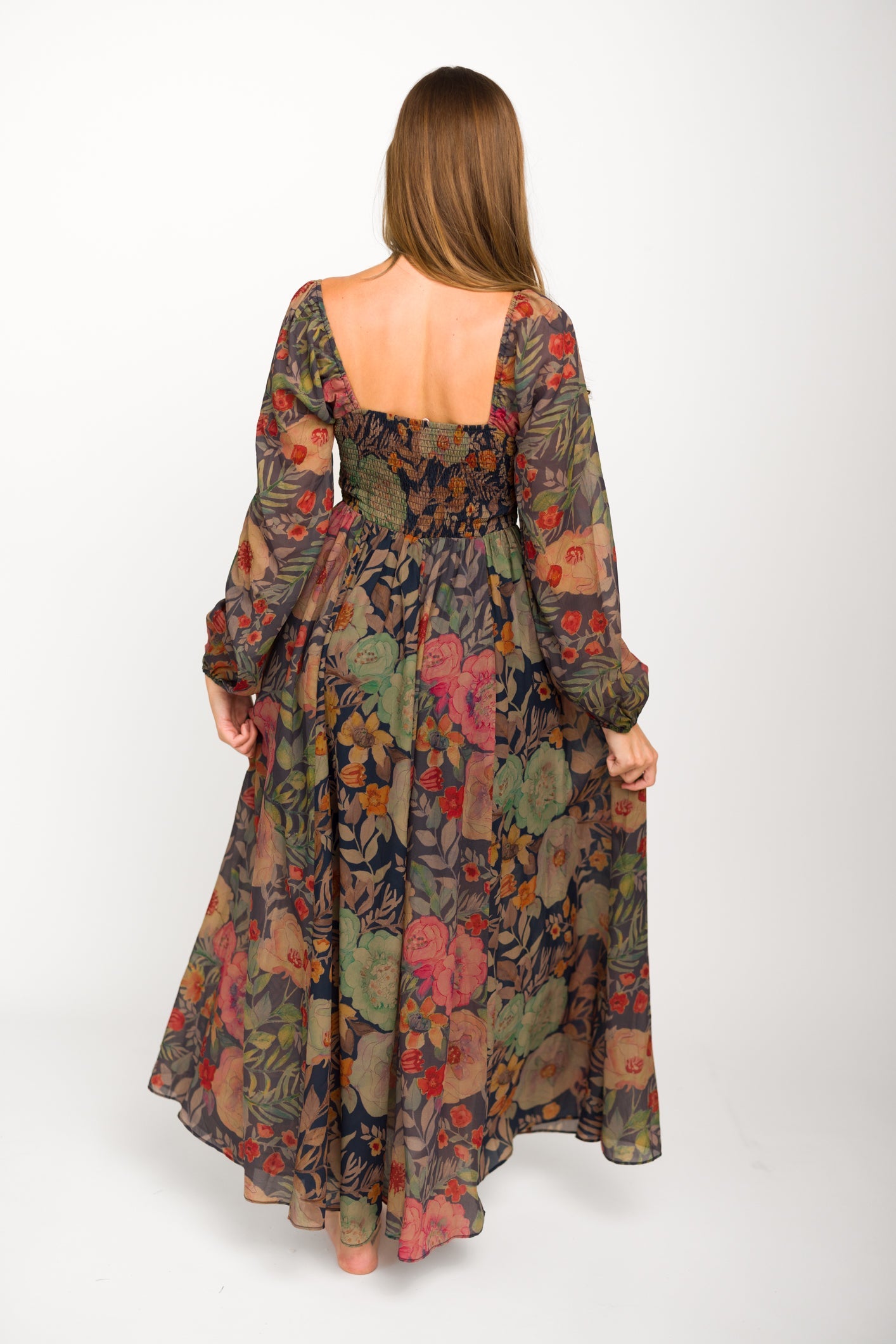 Steph Smocked Button-Front Maxi Dress in Midnight Floral