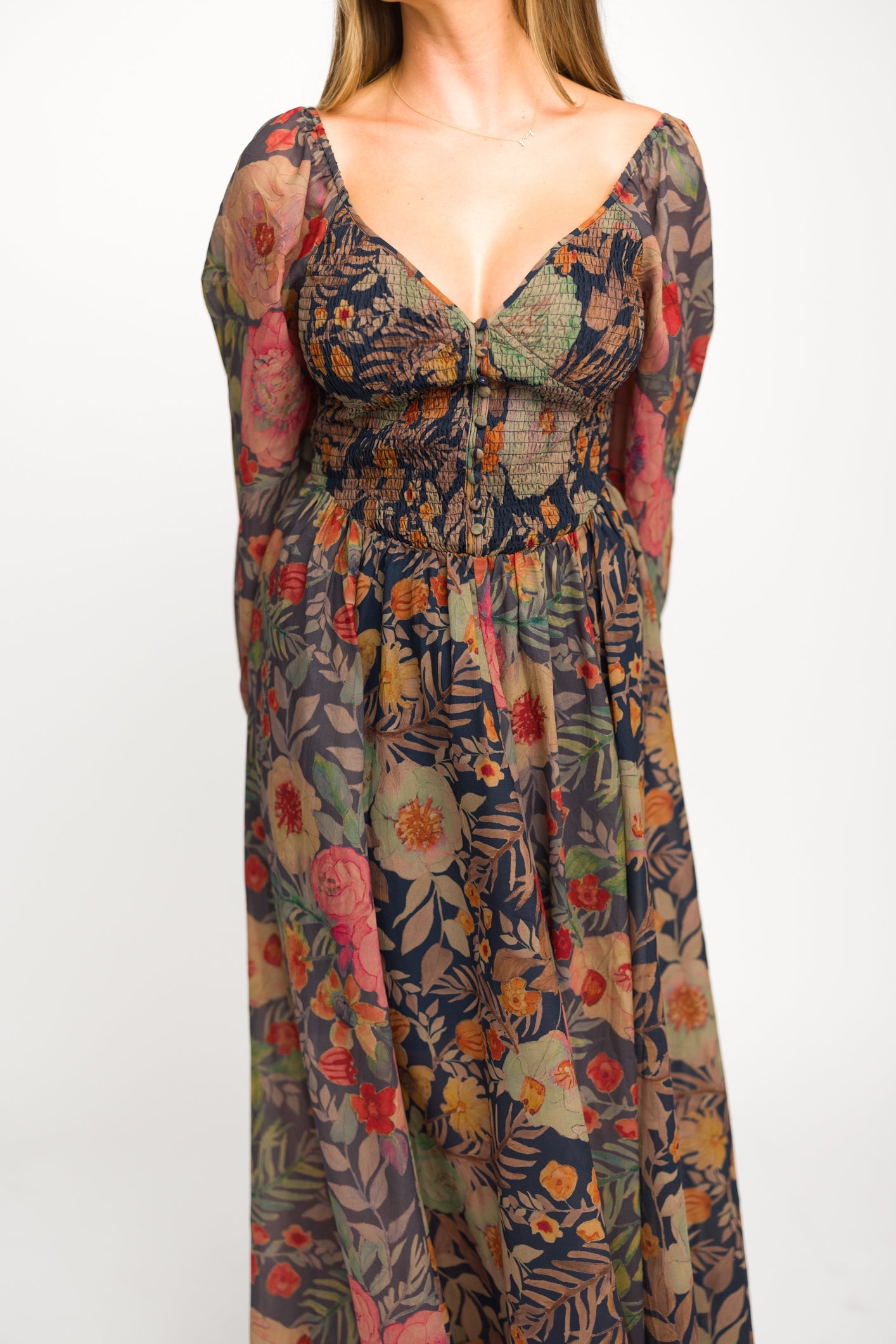 Steph Smocked Button-Front Maxi Dress in Midnight Floral