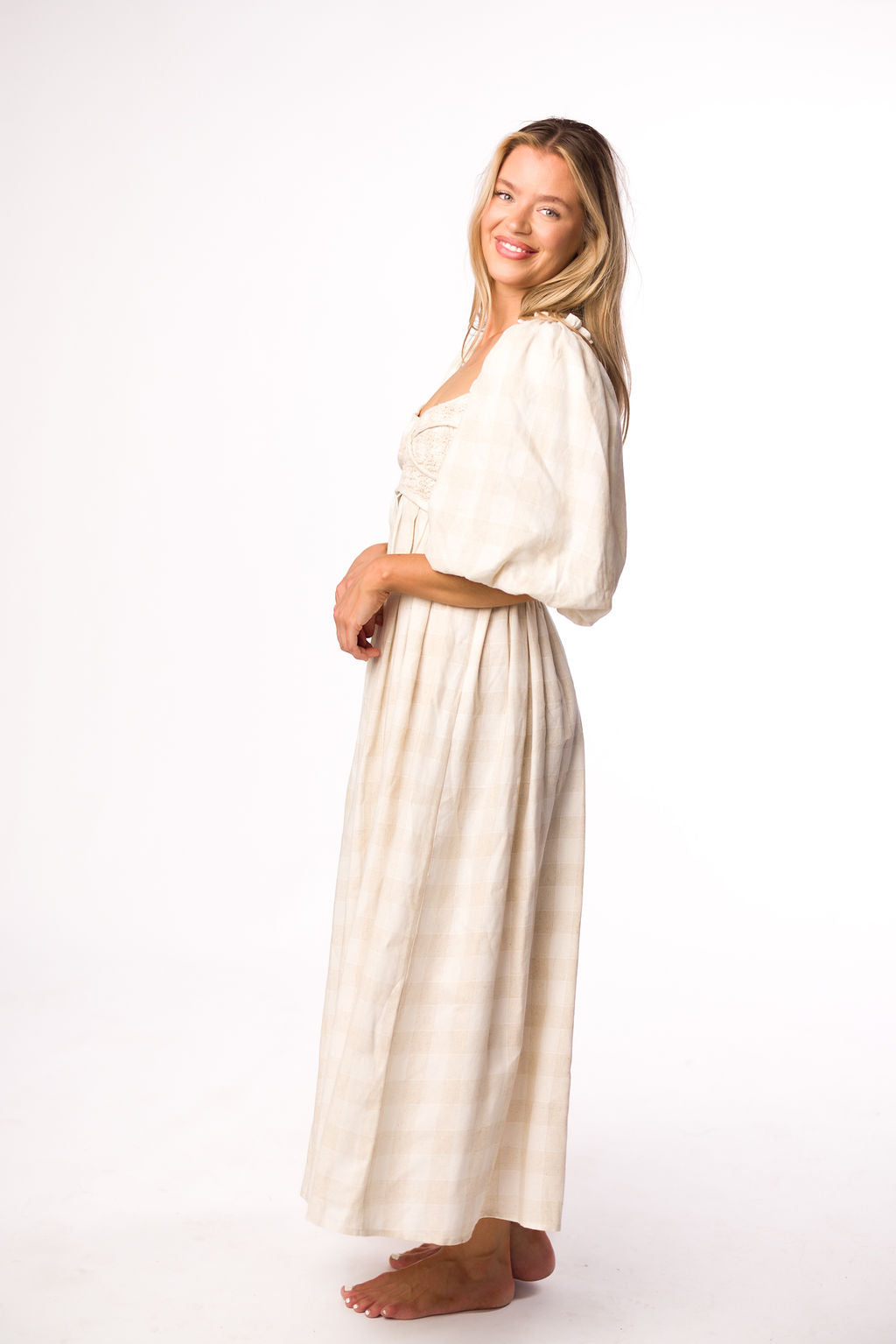 Harlow Maxi Dress in Natural Plaid - Bump Friendly