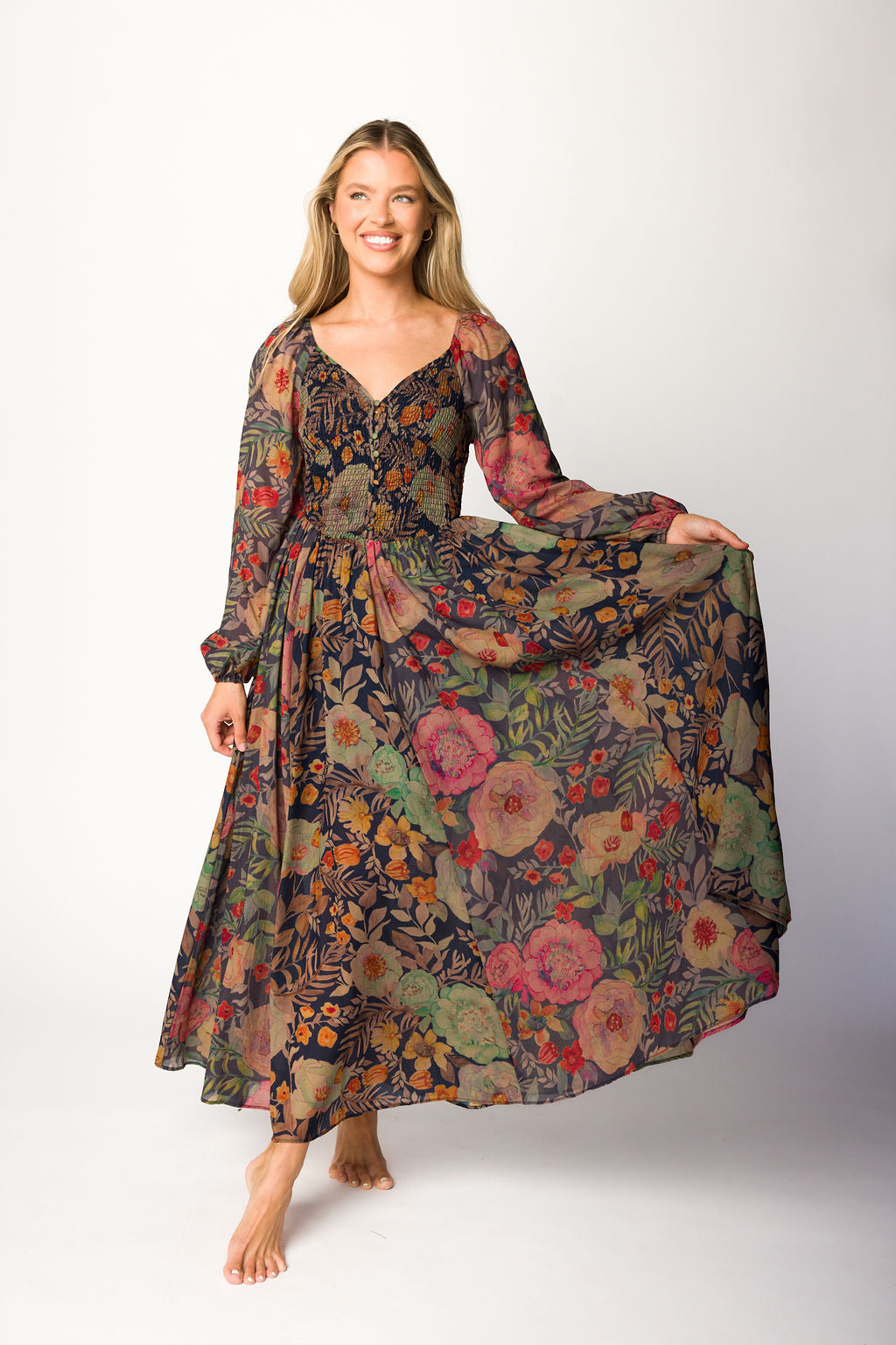 Steph Smocked Button-Front Maxi Dress in Midnight Floral