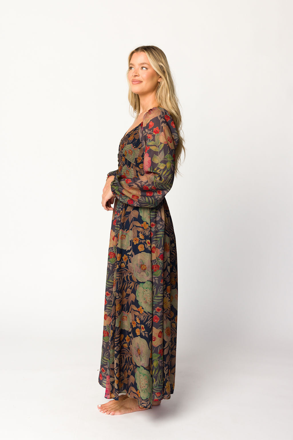 Steph Smocked Button-Front Maxi Dress in Midnight Floral