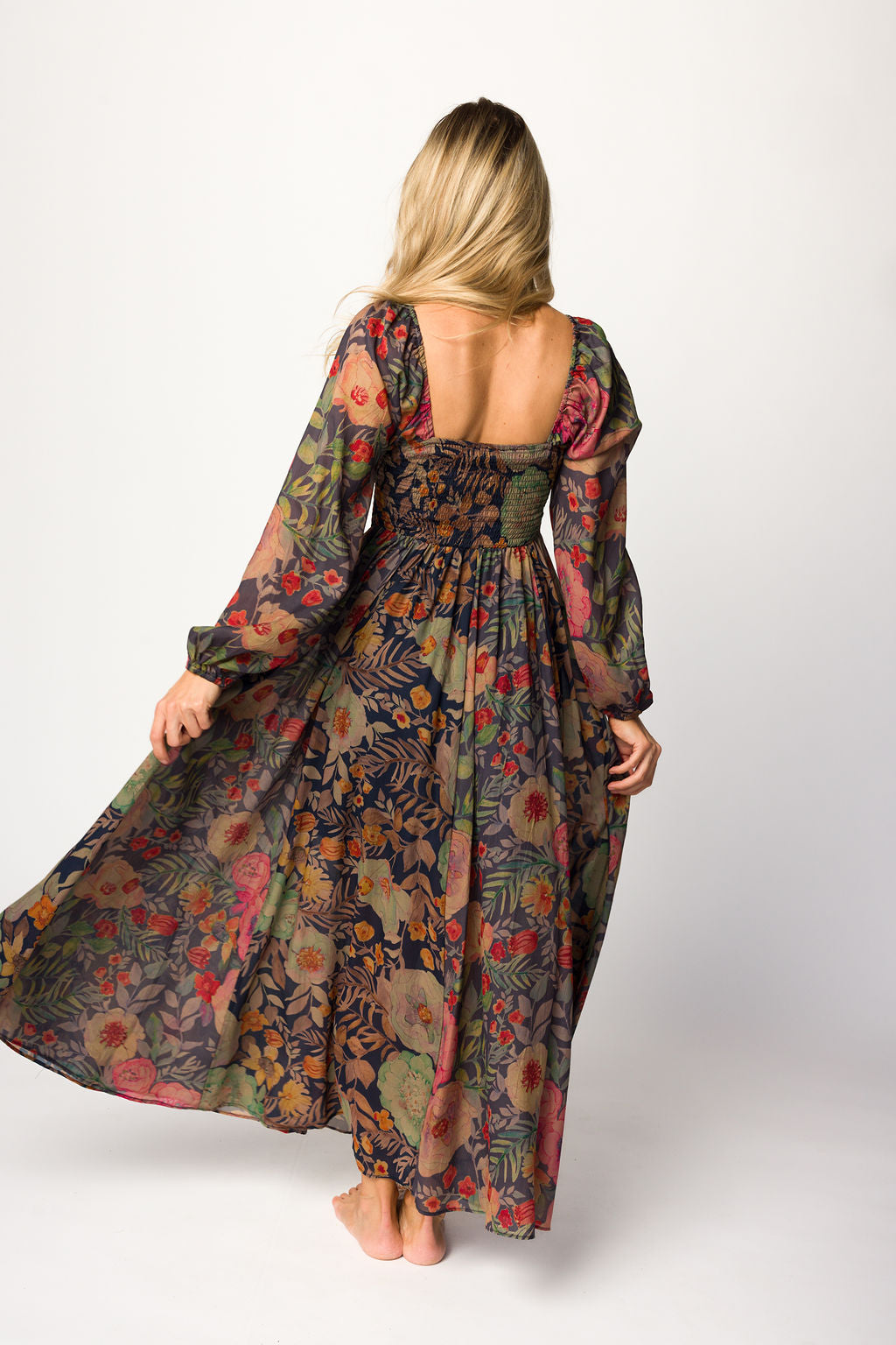 Steph Smocked Button-Front Maxi Dress in Midnight Floral