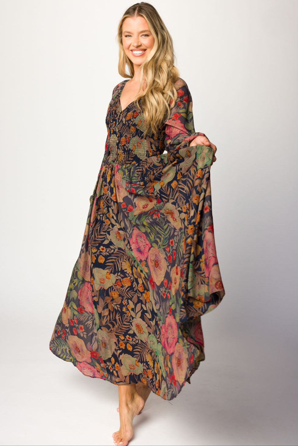 Steph Smocked Button-Front Maxi Dress in Midnight Floral
