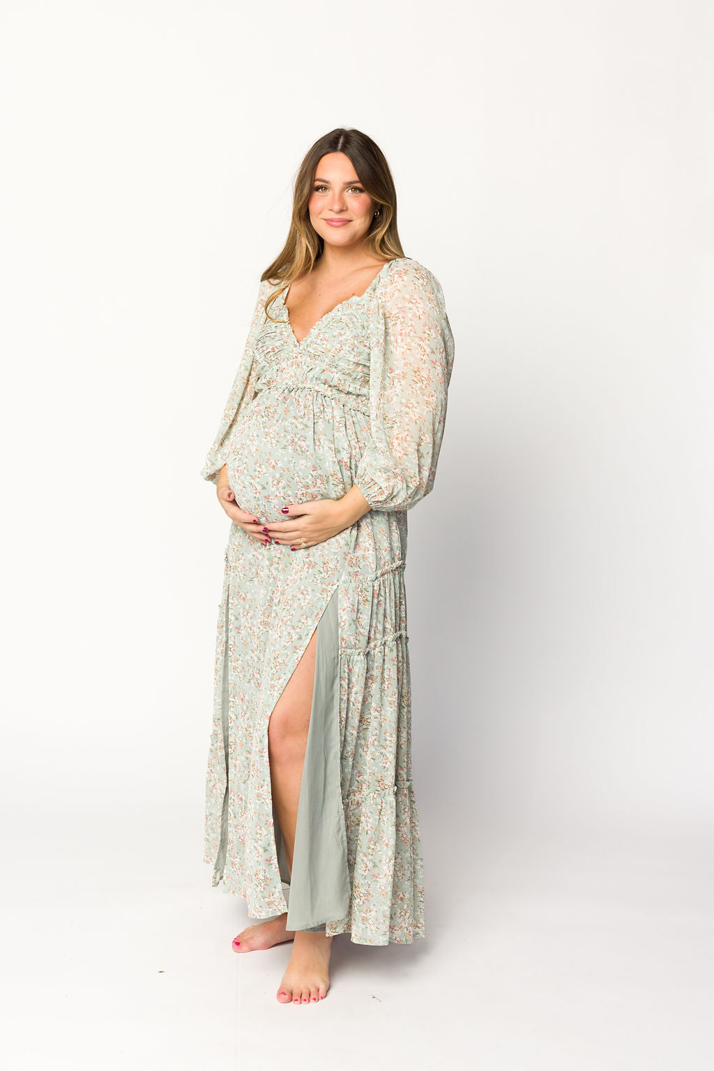 Daphne Long Sleeve Maxi Dress in Sage/Pink/Ivory Floral - Bump Friendly & Inclusive Sizing (XS-3XL)