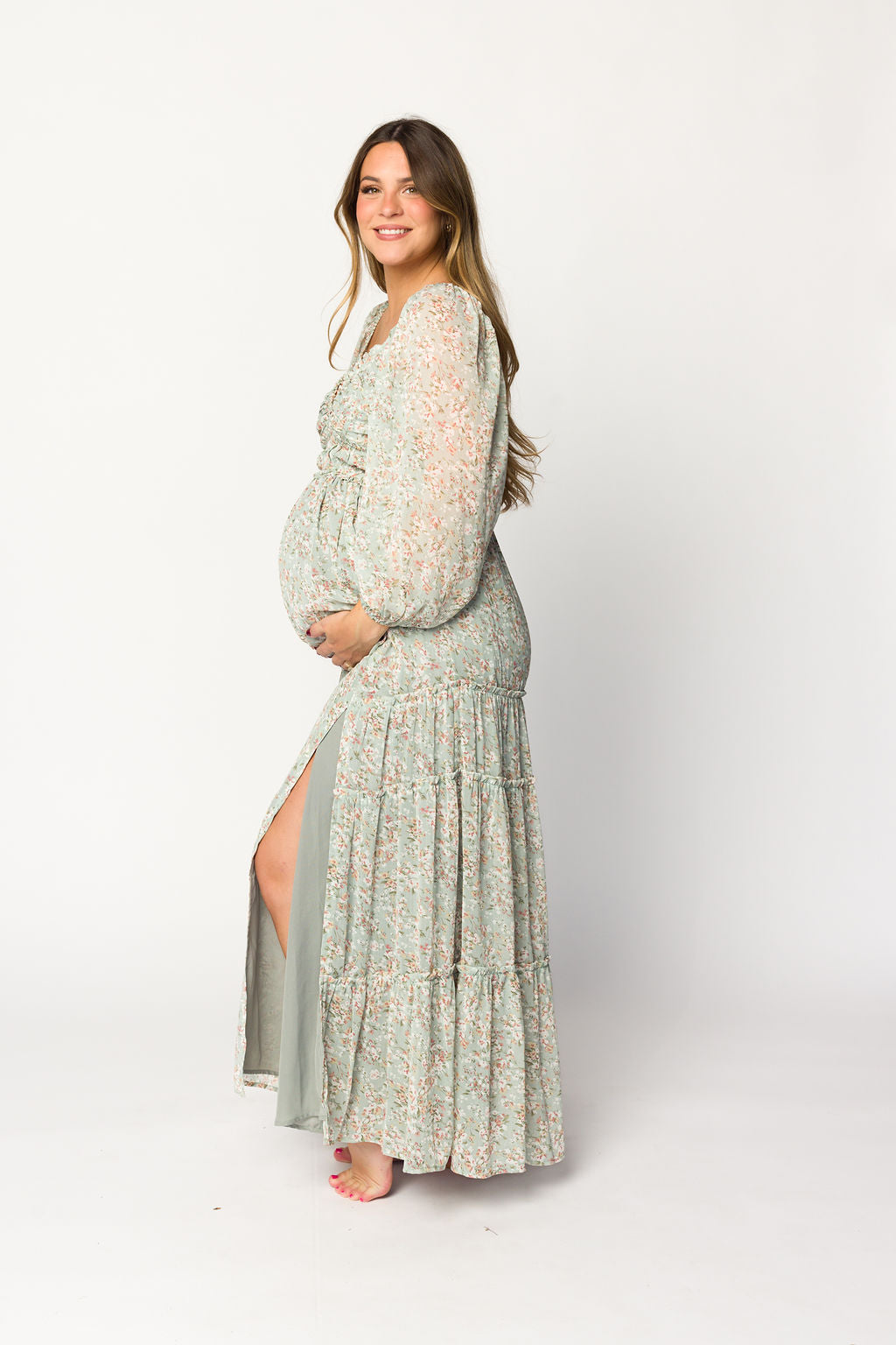 Daphne Long Sleeve Maxi Dress in Sage/Pink/Ivory Floral - Bump Friendly & Inclusive Sizing (XS-3XL)