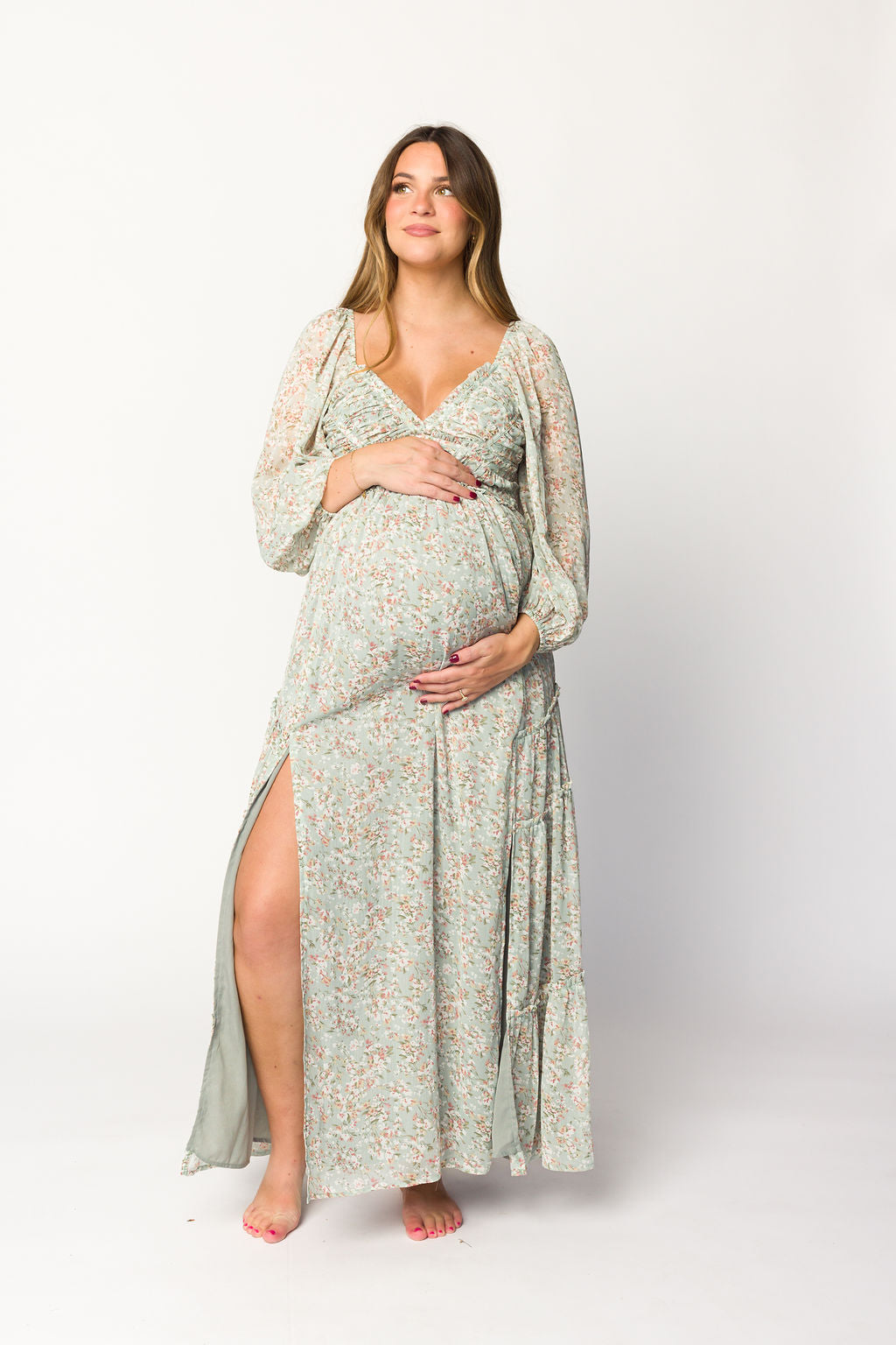 Daphne Long Sleeve Maxi Dress in Sage/Pink/Ivory Floral - Bump Friendly & Inclusive Sizing (XS-3XL)