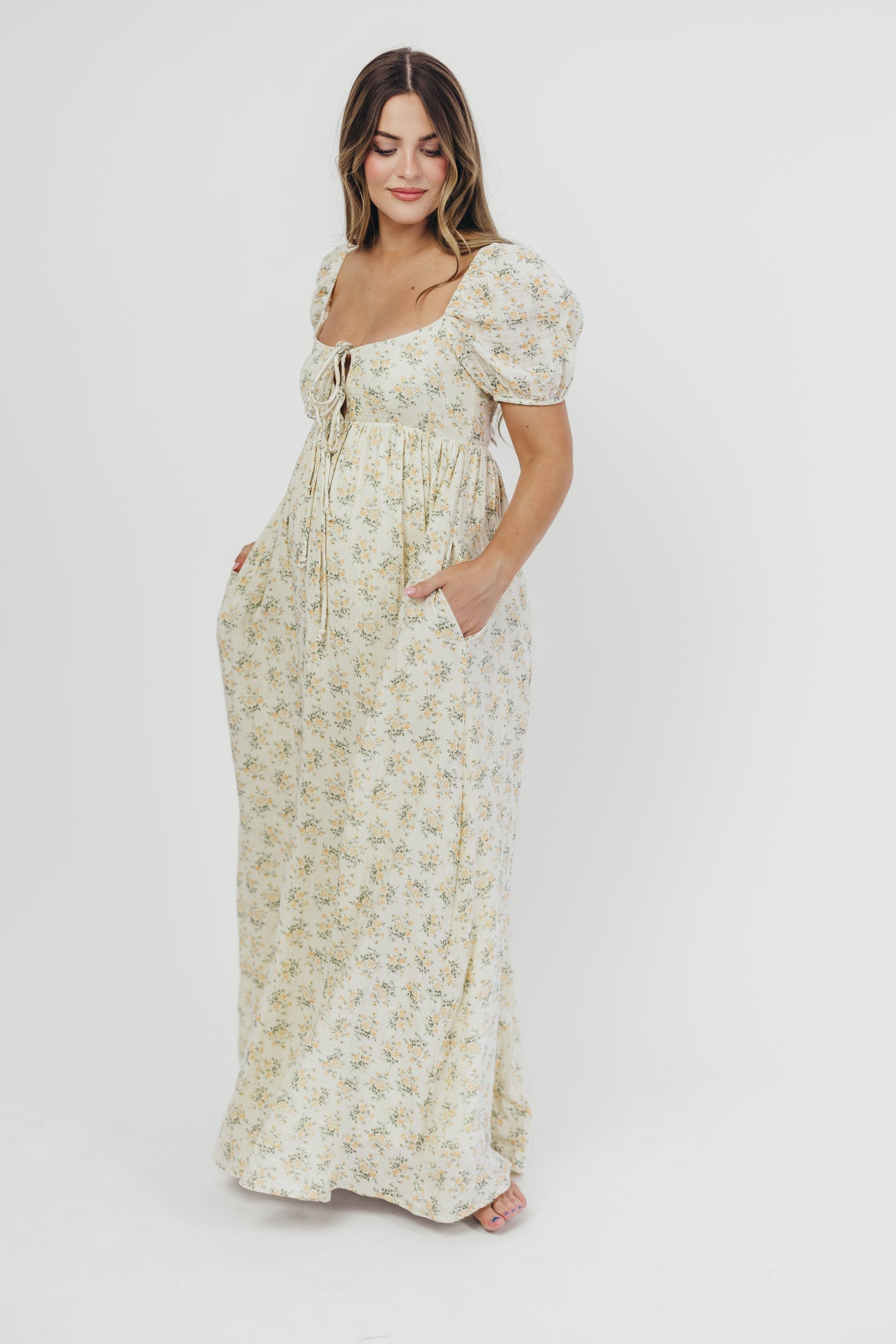 Haven 100% Cotton Tie-Front Maxi Dress in Orange/Green Floral - Bump Friendly