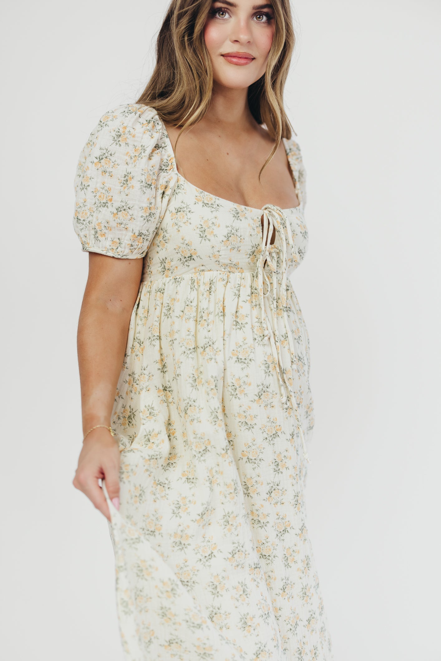 Haven 100% Cotton Tie-Front Maxi Dress in Orange/Green Floral - Bump Friendly