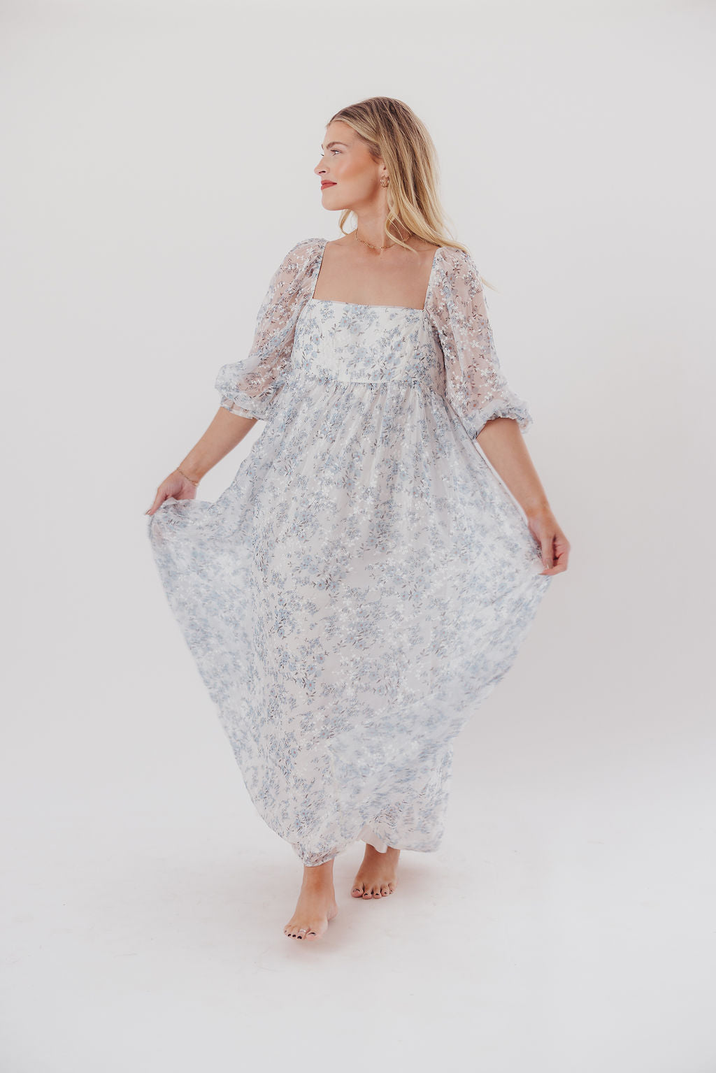Mona Maxi Dress with Smocking in Blue White - Bump Friendly & Inclusive Sizing (S-3XL)
