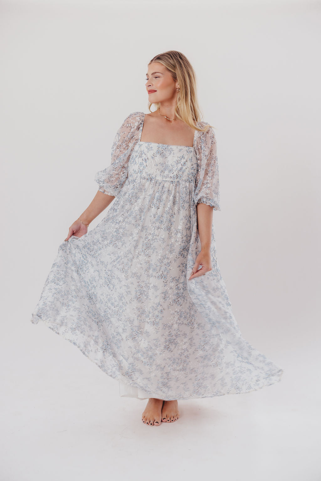 Mona Maxi Dress with Smocking in Blue White - Bump Friendly & Inclusive Sizing (S-3XL)
