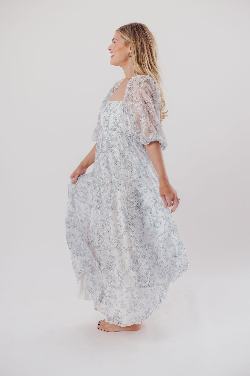 Mona Maxi Dress with Smocking in Blue White - Bump Friendly & Inclusive Sizing (S-3XL)