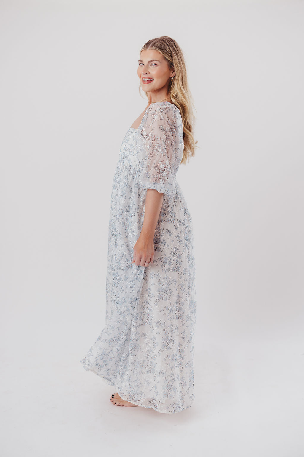 Mona Maxi Dress with Smocking in Blue White - Bump Friendly & Inclusive Sizing (S-3XL)