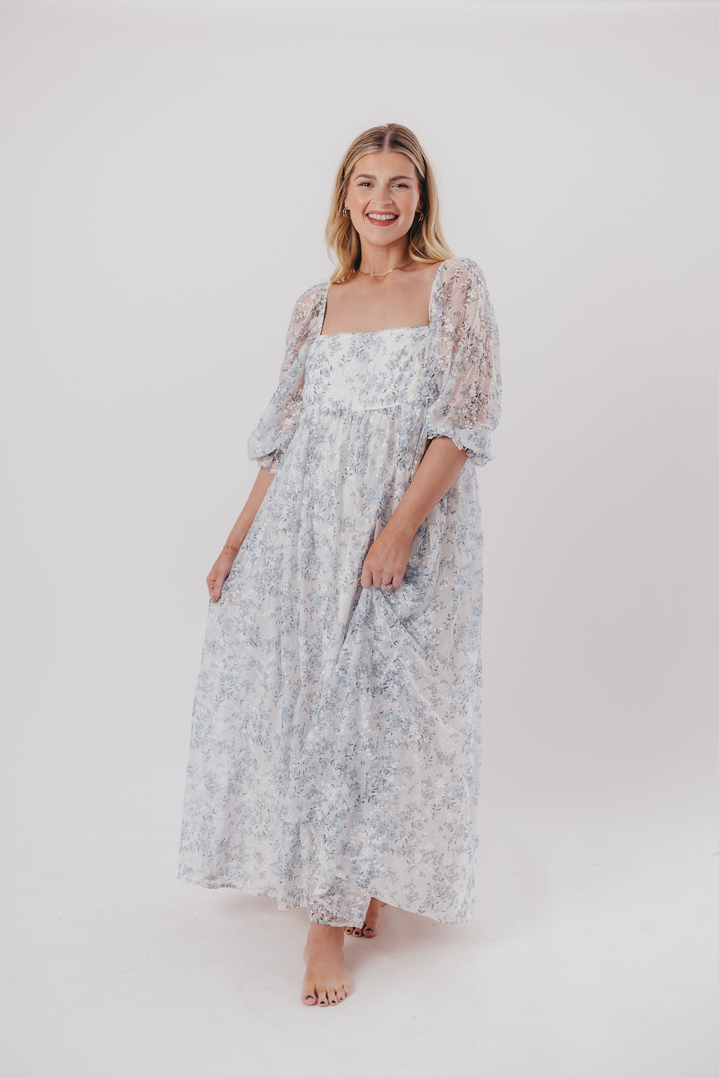 Mona Maxi Dress with Smocking in Blue White - Bump Friendly & Inclusive Sizing (S-3XL)