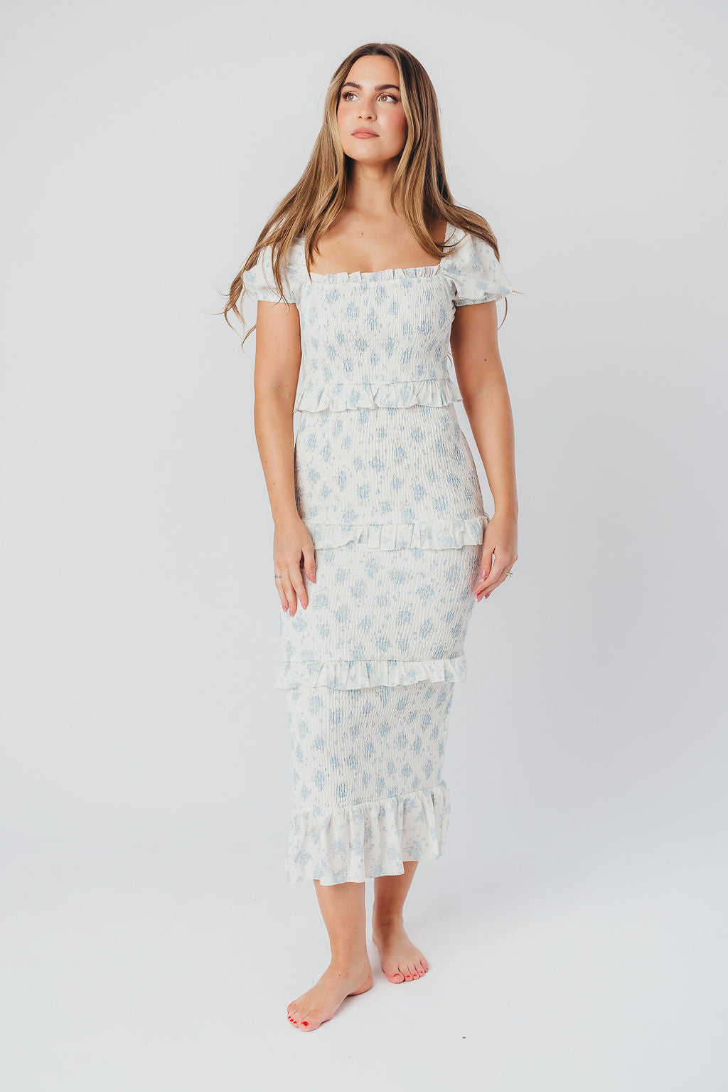 Ada Smocked Dress in Blue Floral- Bump Friendly & Inclusive Sizing (S-3XL) *Final-Sale*