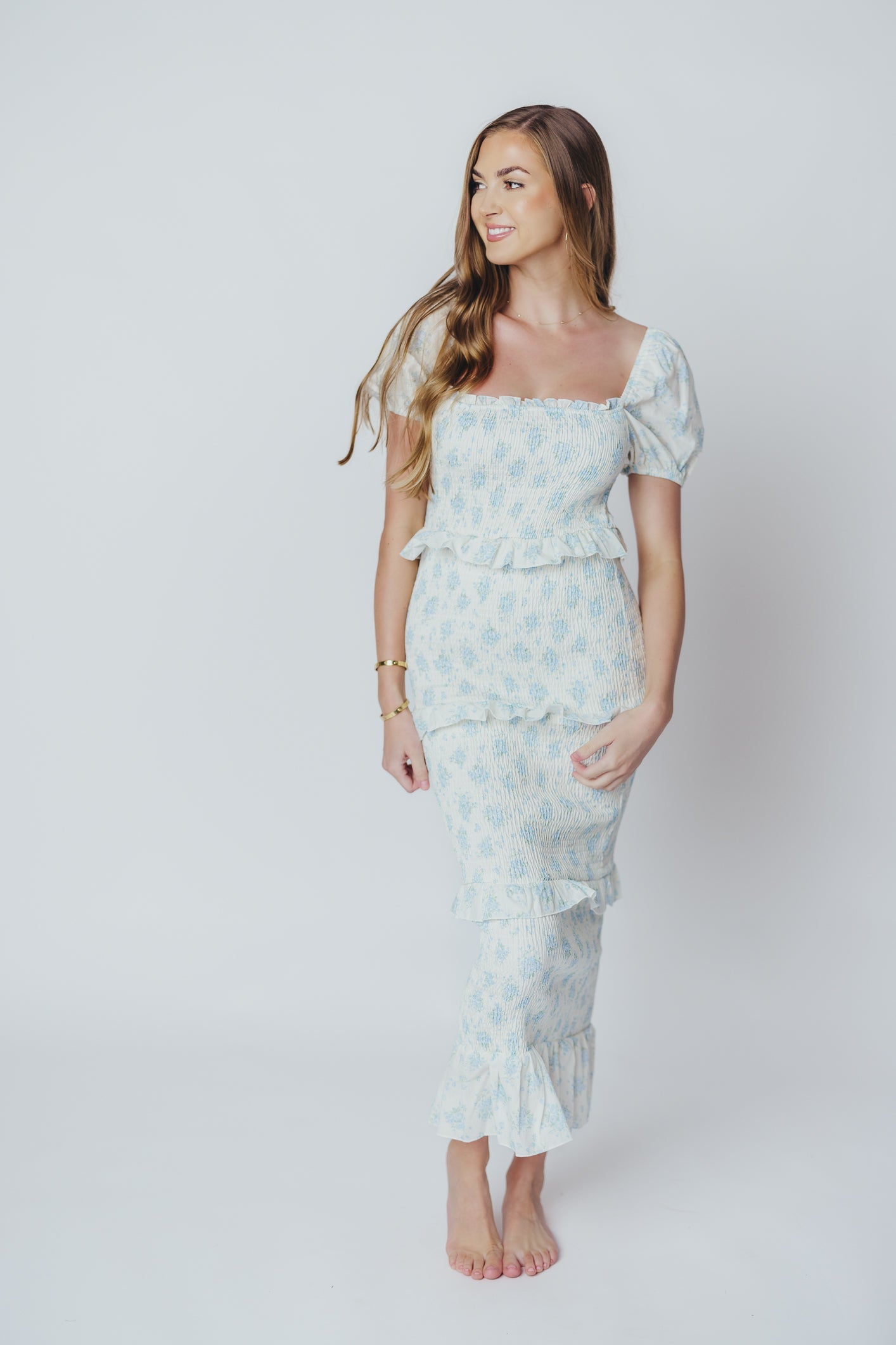 Ada Smocked Dress in Blue Floral- Bump Friendly & Inclusive Sizing (S-3XL) *Final-Sale*