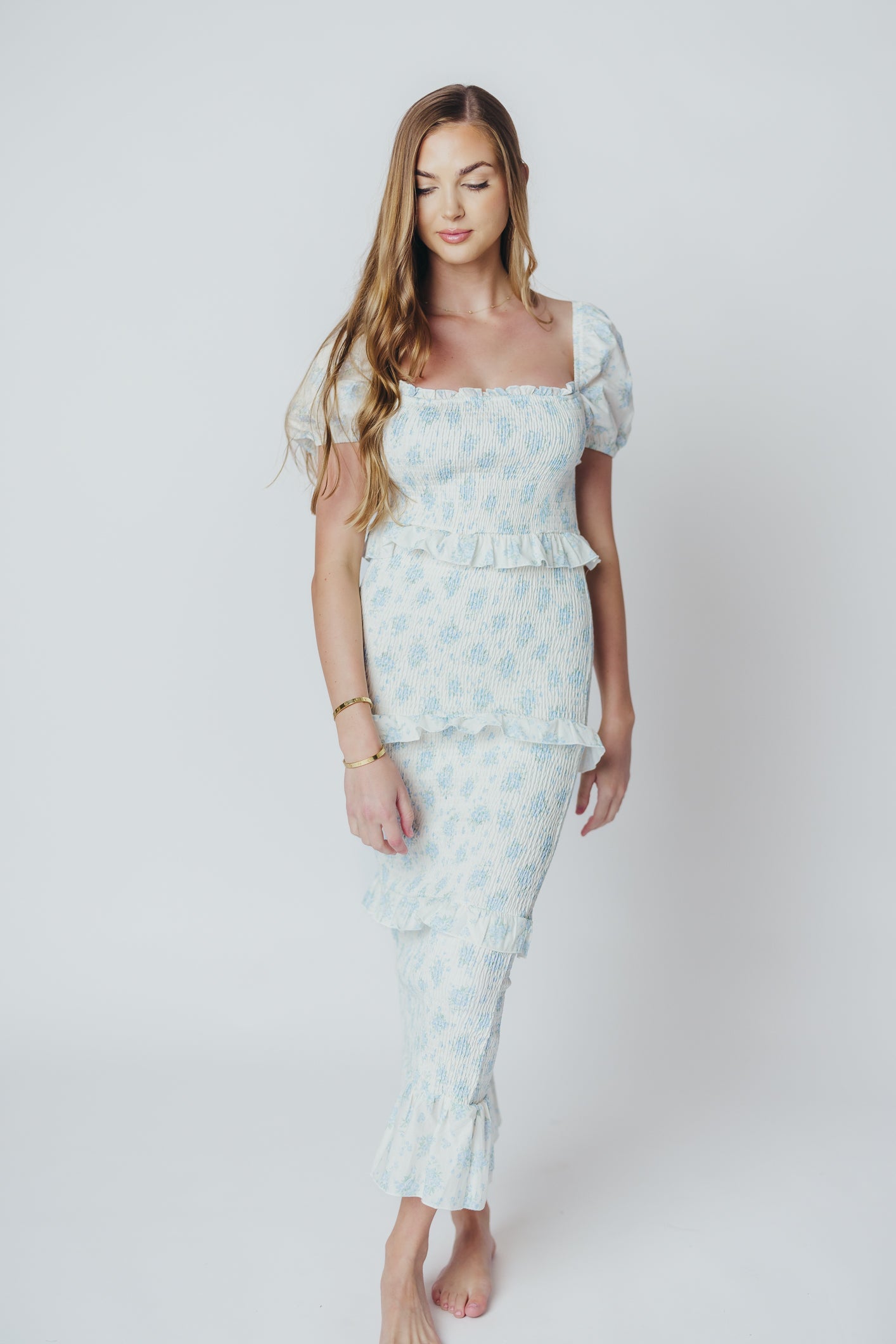 Ada Smocked Dress in Blue Floral- Bump Friendly & Inclusive Sizing (S-3XL) *Final-Sale*