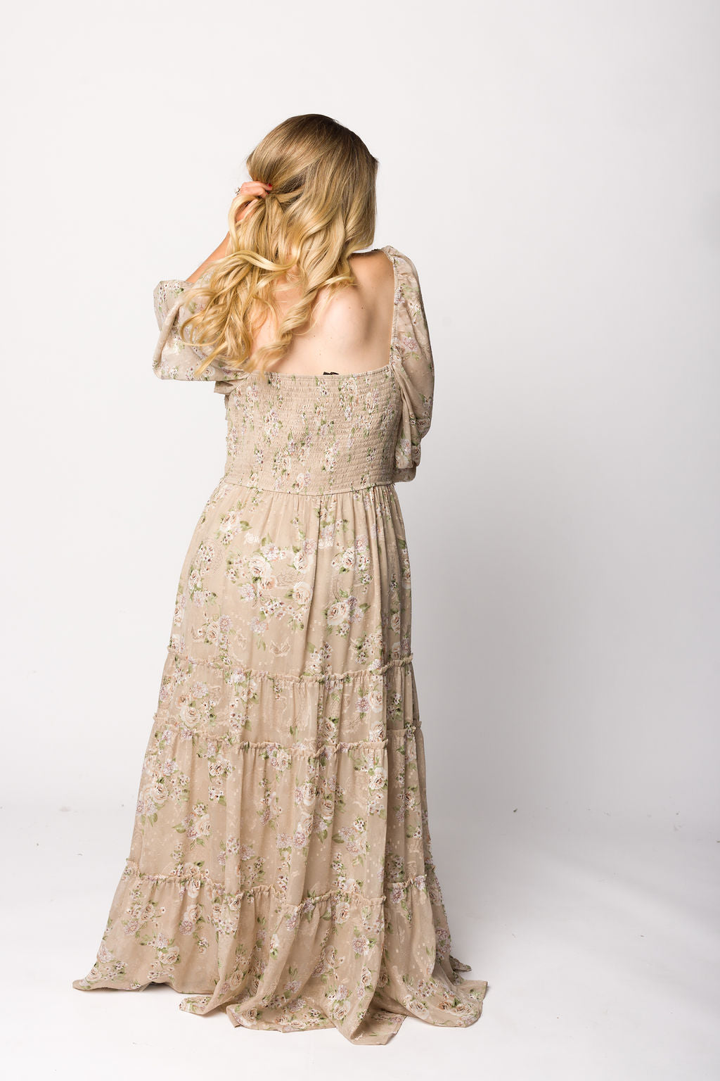 Daphne Long Sleeve Maxi Dress in Beige/Multi Floral - Bump Friendly & Inclusive Sizing (XS-3XL)