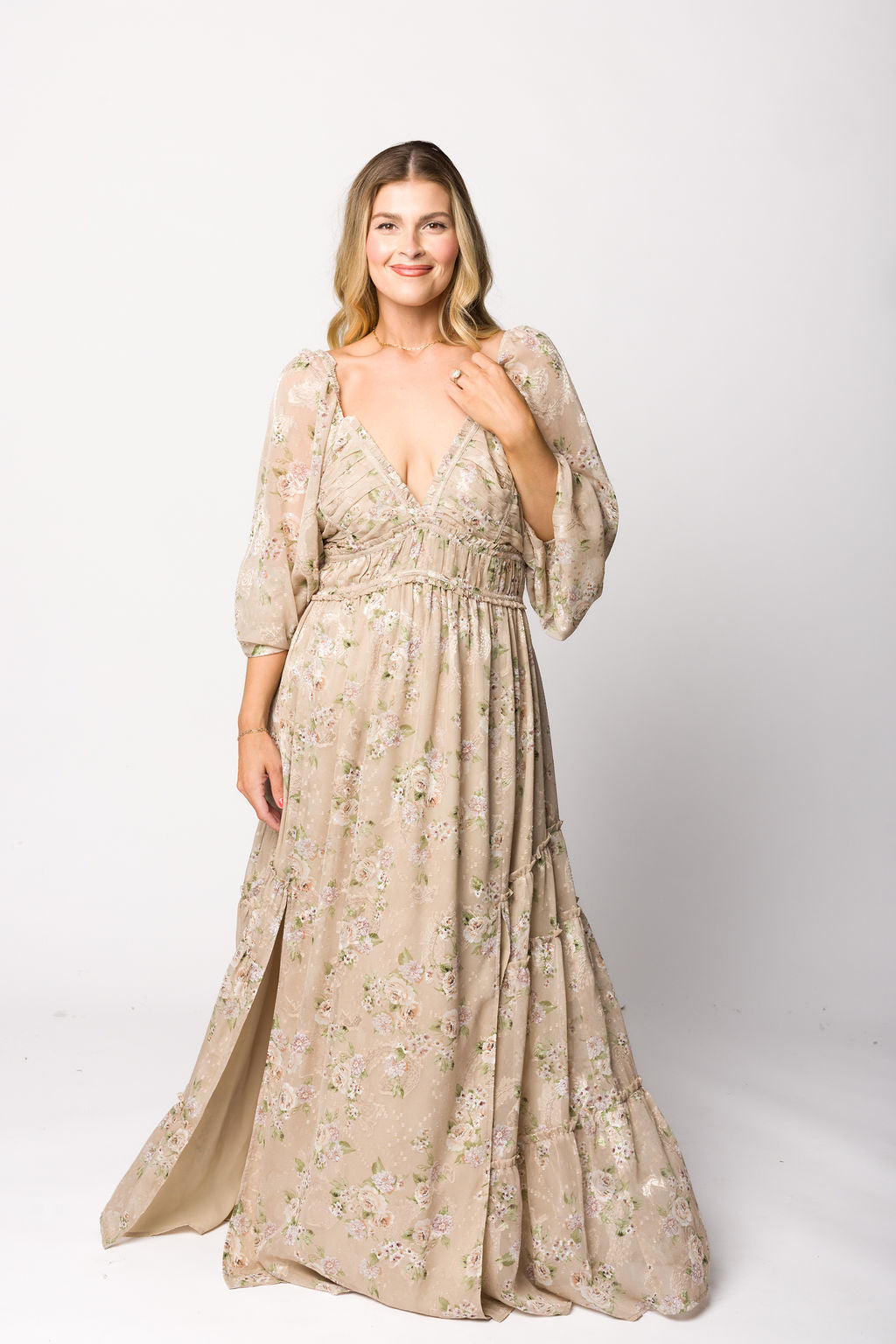Daphne Long Sleeve Maxi Dress in Beige/Multi Floral - Bump Friendly & Inclusive Sizing (XS-3XL)