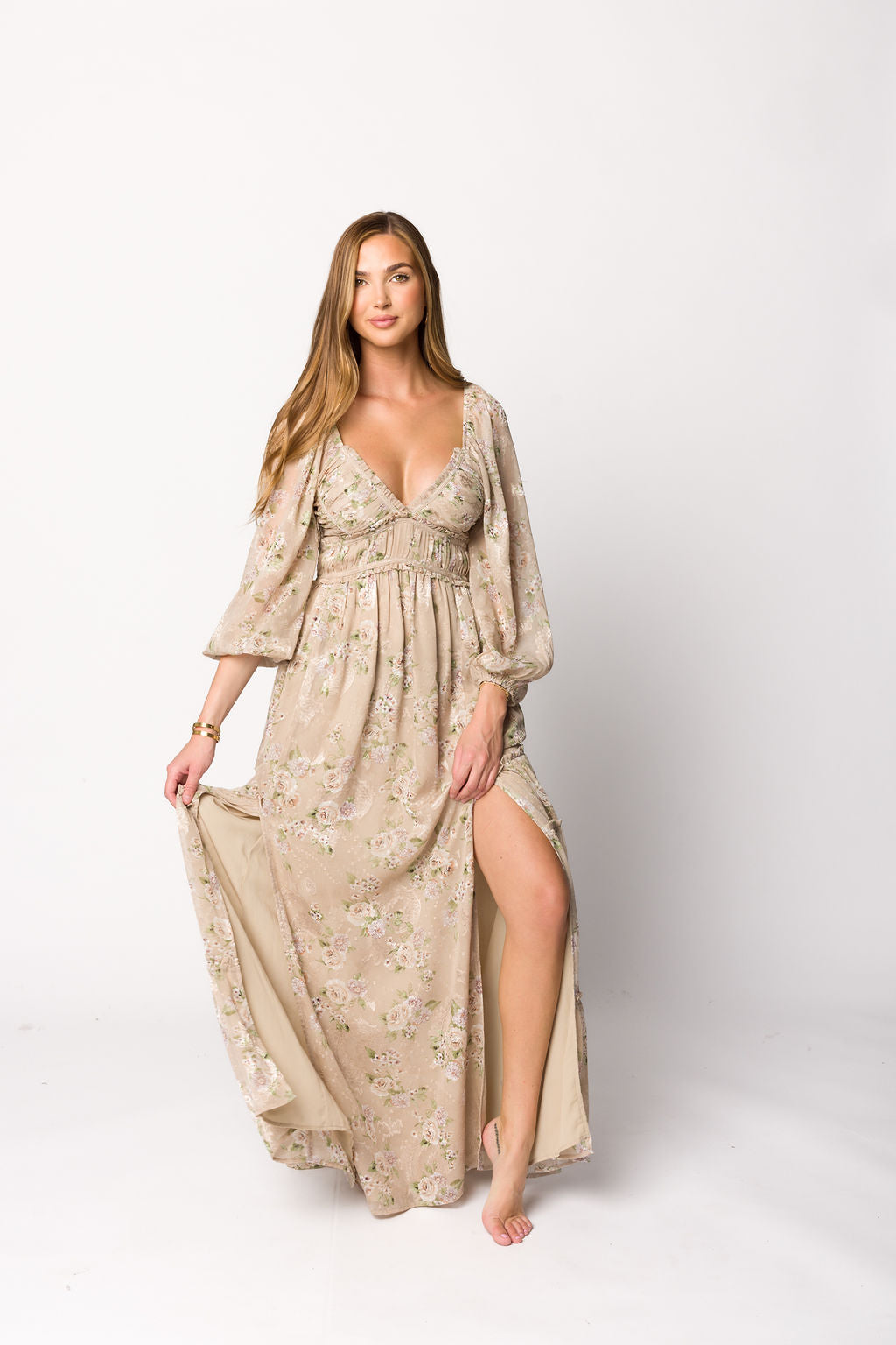 Daphne Long Sleeve Maxi Dress in Beige/Multi Floral - Bump Friendly & Inclusive Sizing (XS-3XL)