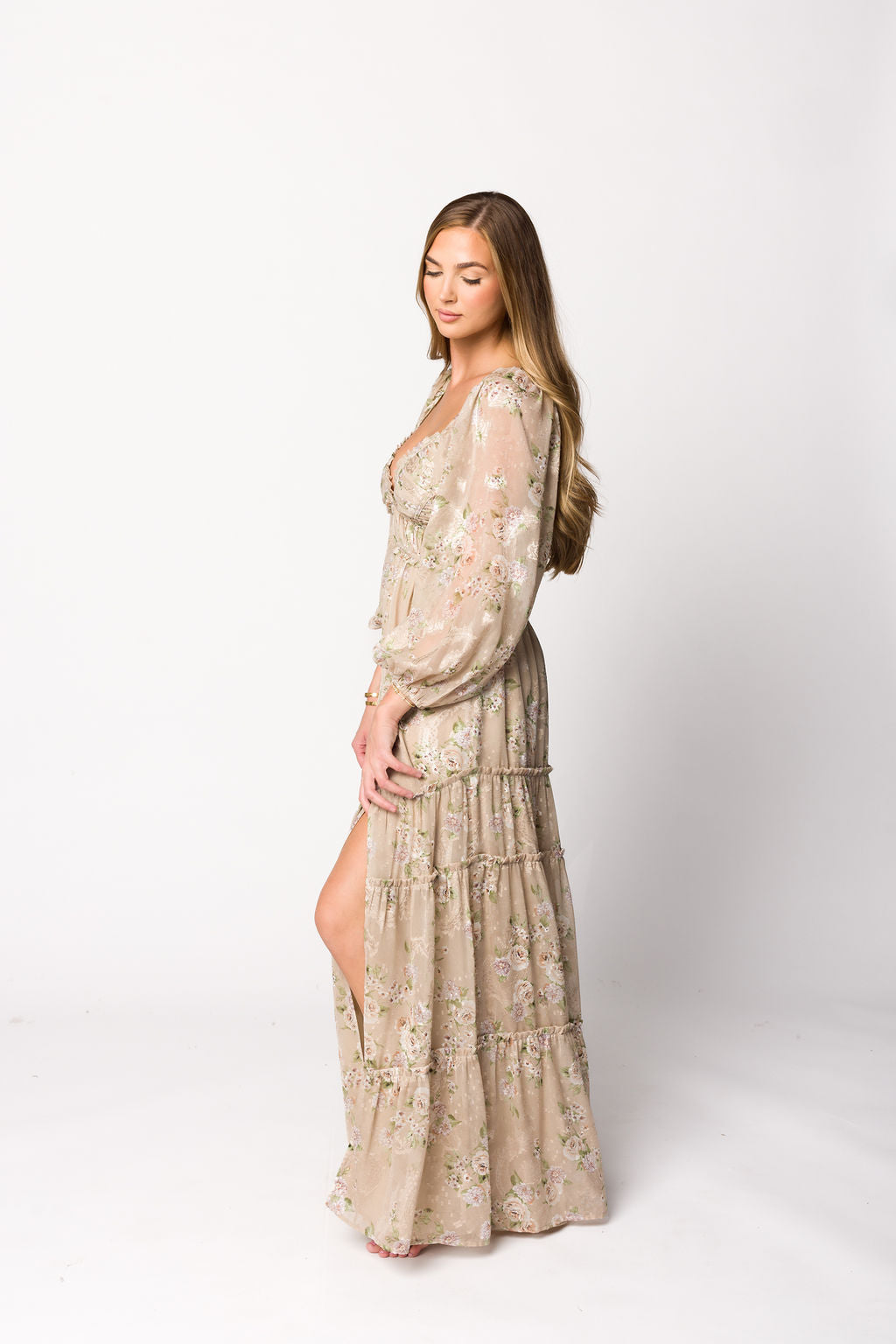 Daphne Long Sleeve Maxi Dress in Beige/Multi Floral - Bump Friendly & Inclusive Sizing (XS-3XL)
