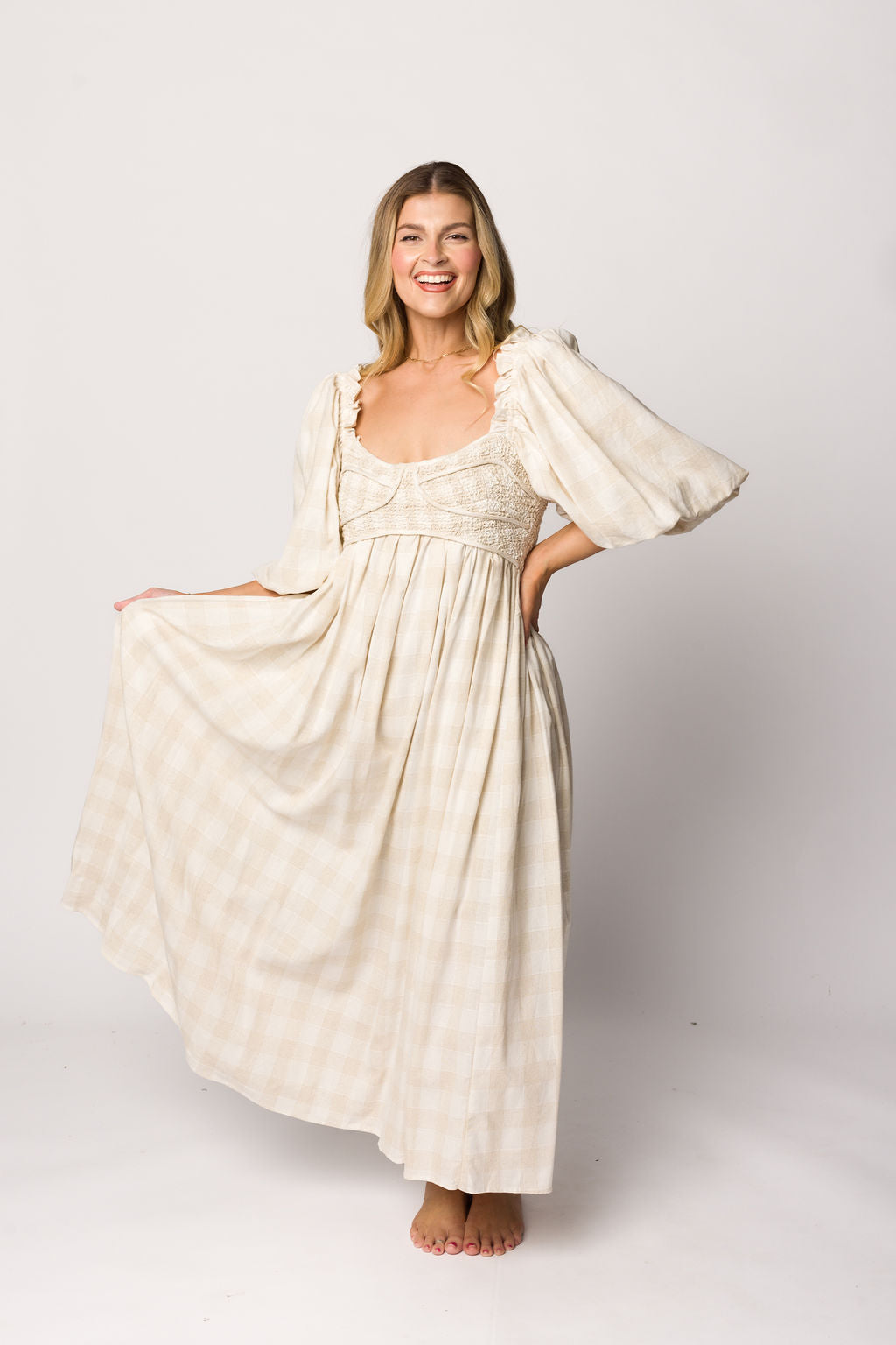 Harlow Maxi Dress in Natural Plaid - Bump Friendly