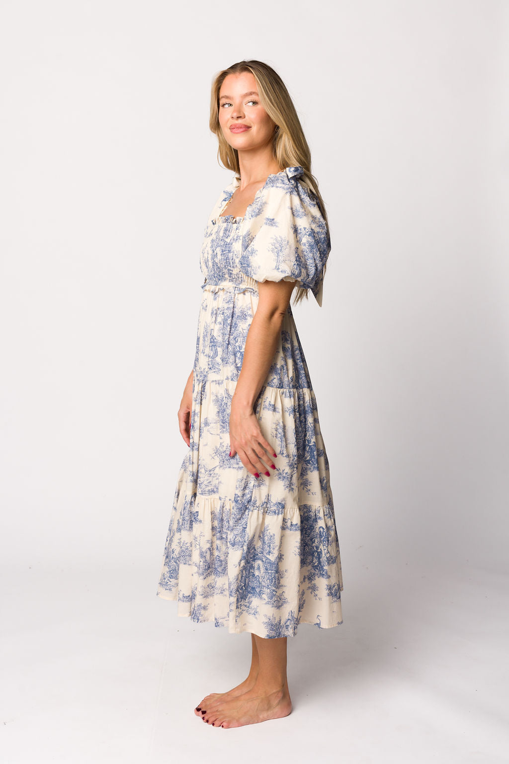 Elena 100% Cotton Toile Print Smocked Midi Dress in Blue - Bump Friendly