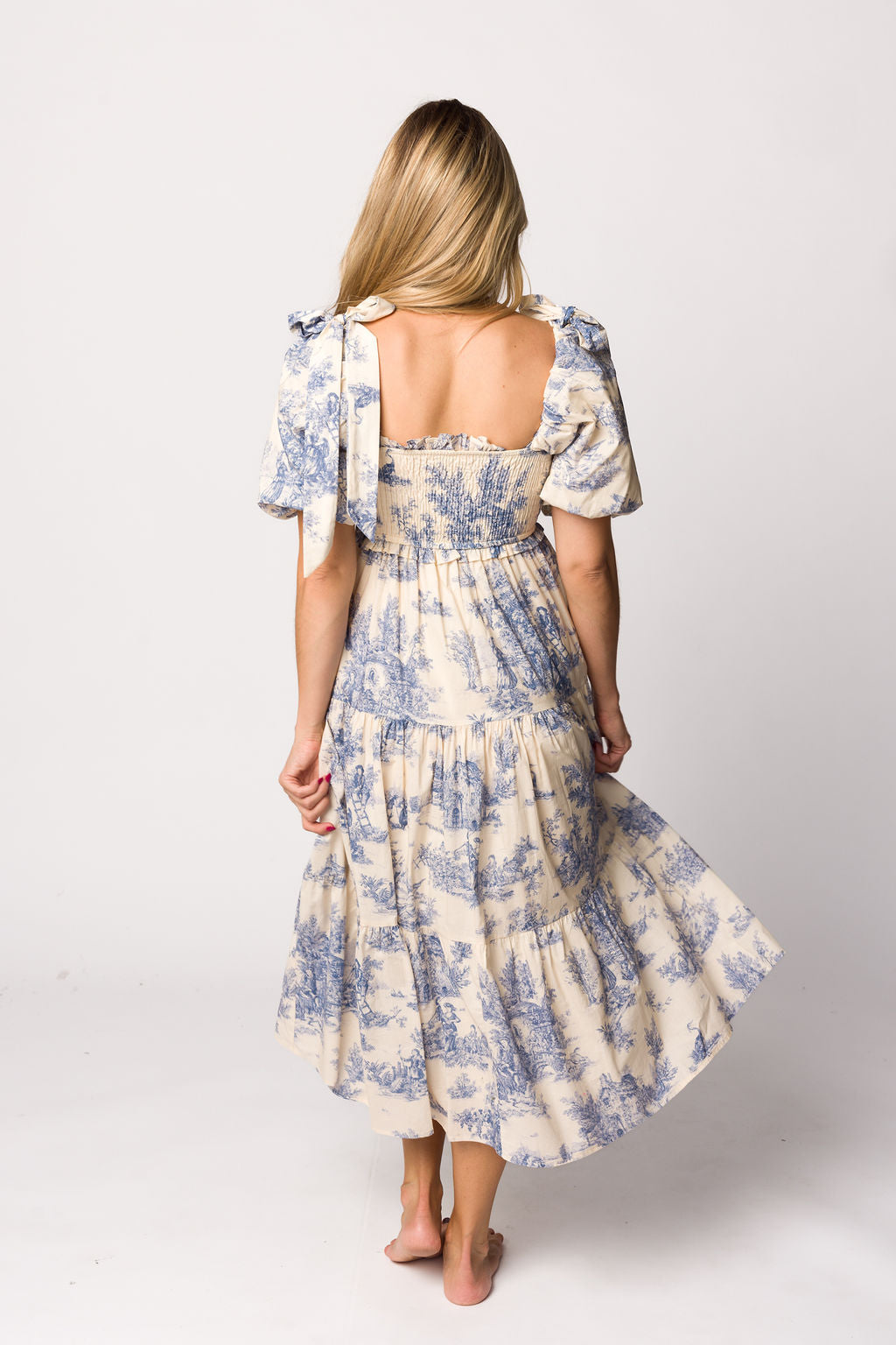 Elena 100% Cotton Toile Print Smocked Midi Dress in Blue - Bump Friendly
