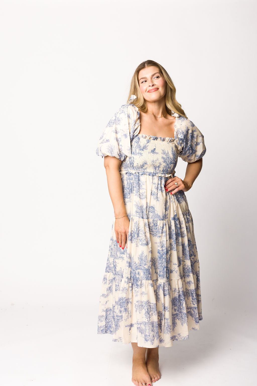 Elena 100% Cotton Toile Print Smocked Midi Dress in Blue - Bump Friendly