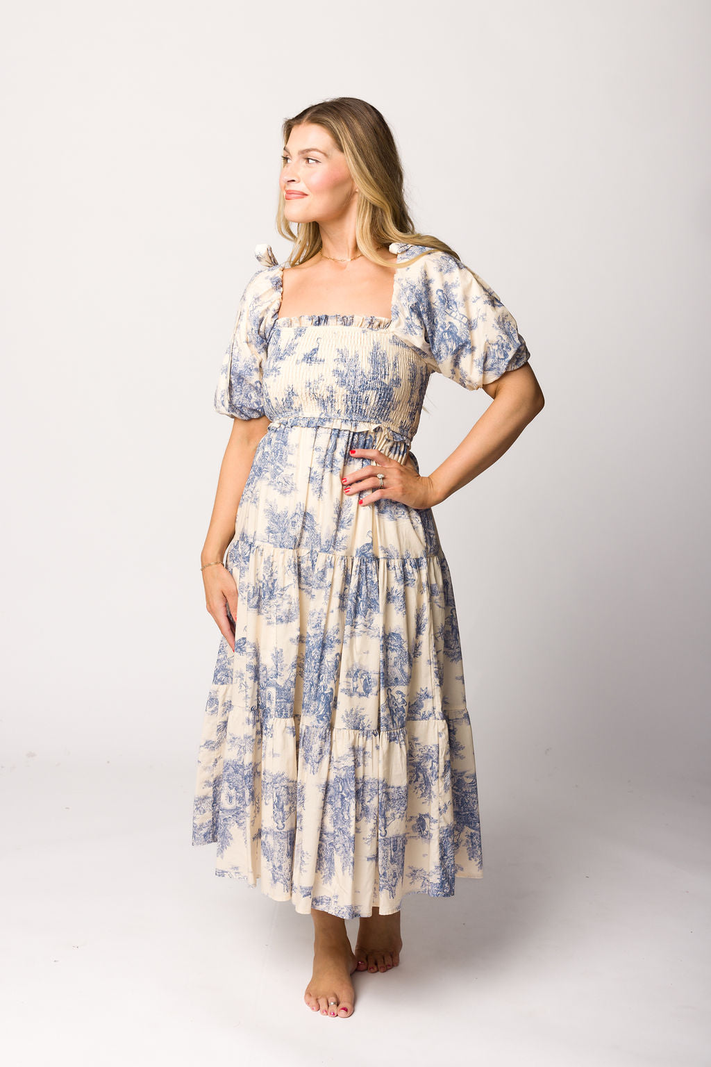 Elena 100% Cotton Toile Print Smocked Midi Dress in Blue - Bump Friendly