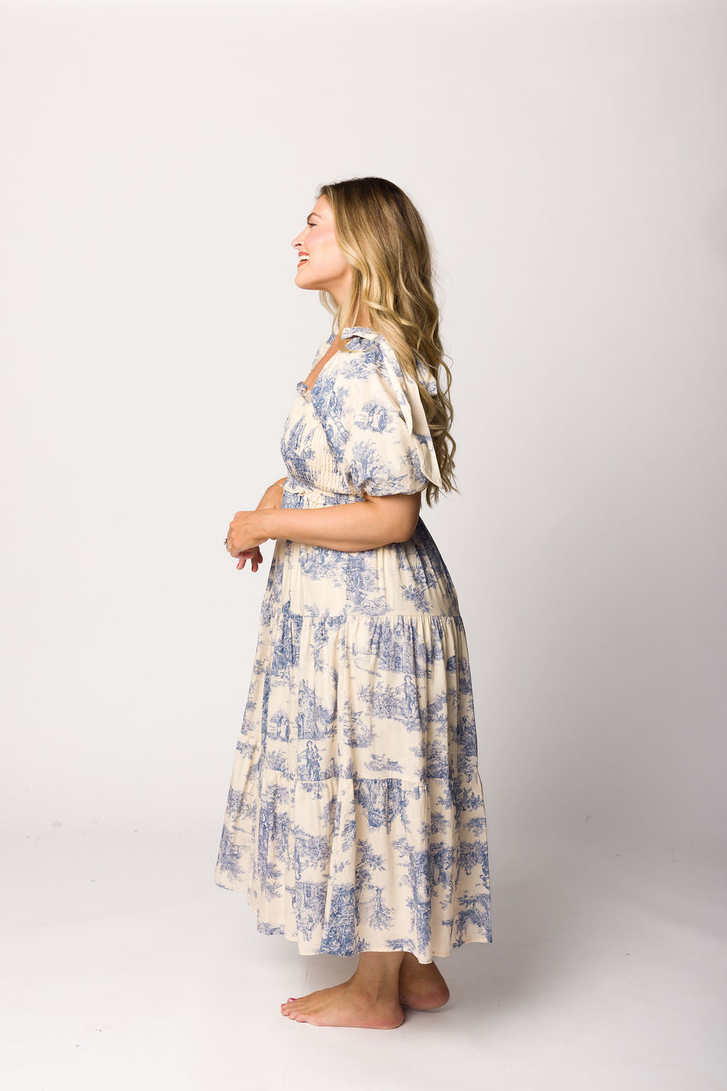 Elena 100% Cotton Toile Print Smocked Midi Dress in Blue - Bump Friendly