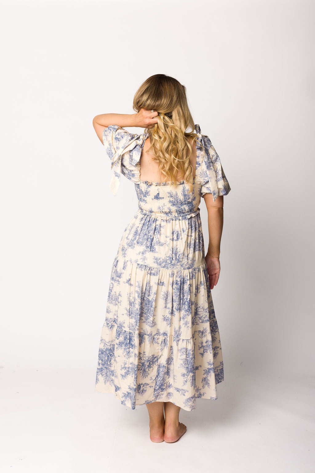 Elena 100% Cotton Toile Print Smocked Midi Dress in Blue - Bump Friendly