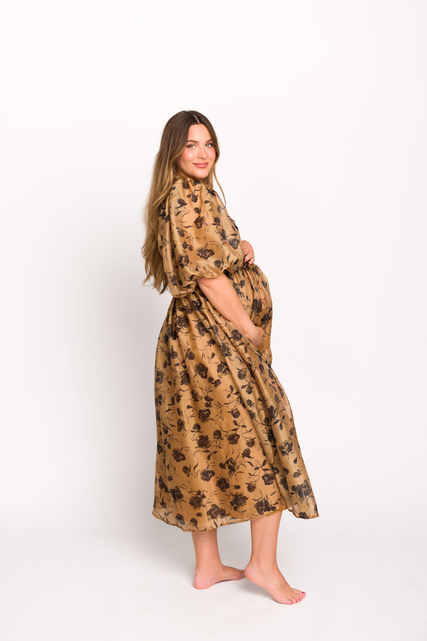 Harlow Camel & Black Floral Maxi Dress with Stretchy Neckline - Bump Friendly (Final Few)