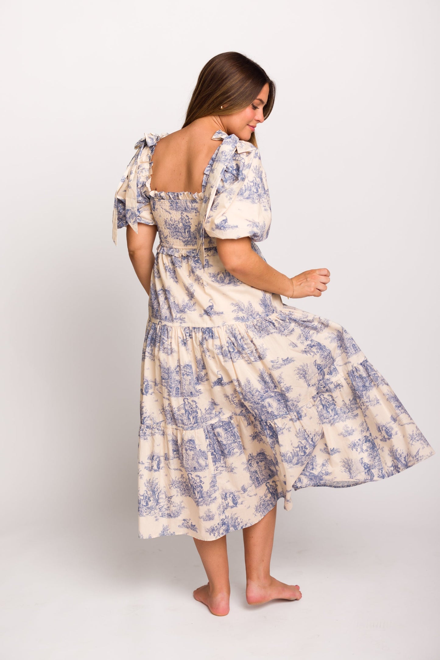 Elena 100% Cotton Toile Print Smocked Midi Dress in Blue - Bump Friendly