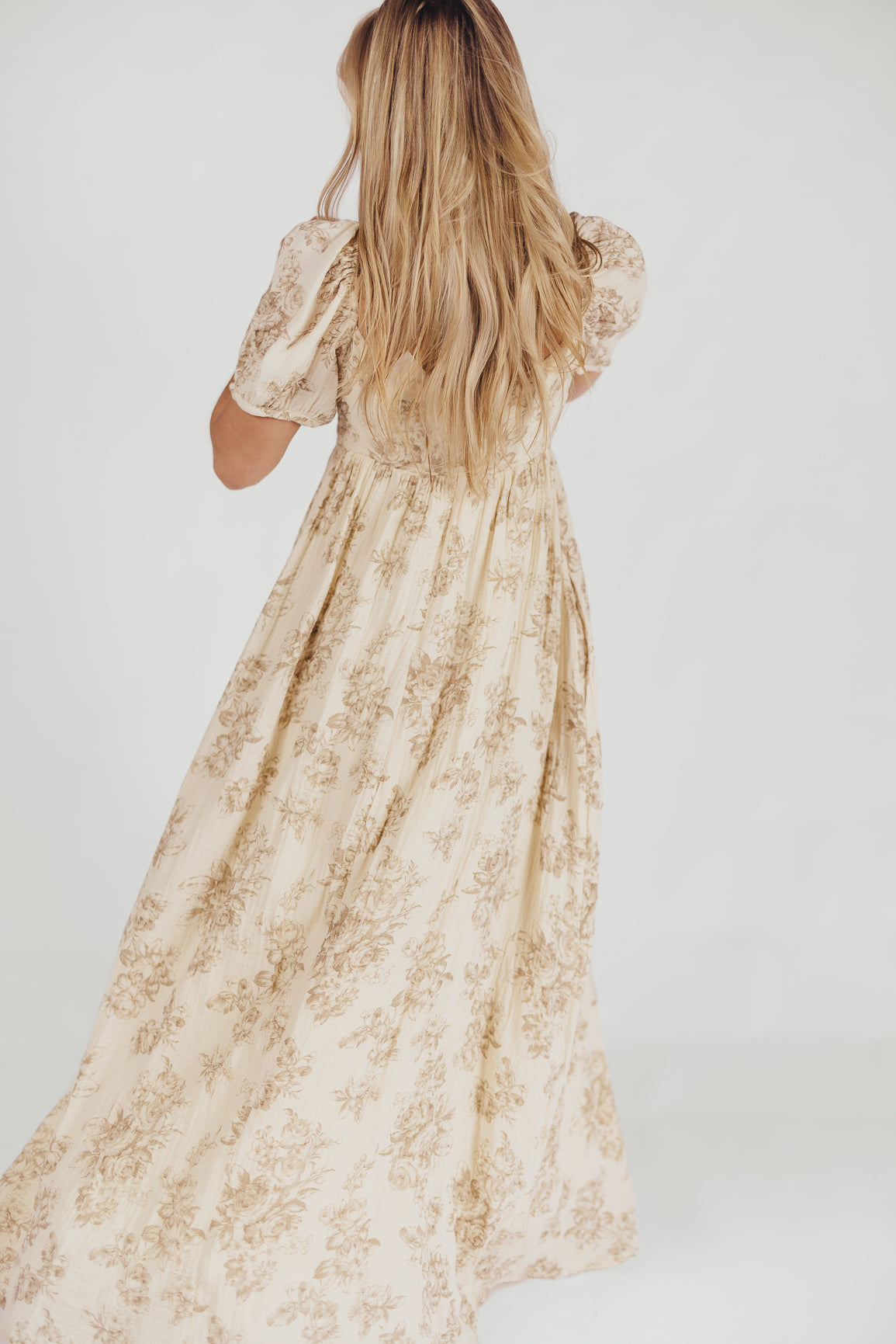 Haven 100% Cotton Tie-Front Maxi Dress in Taupe/Brown Floral - Bump Friendly