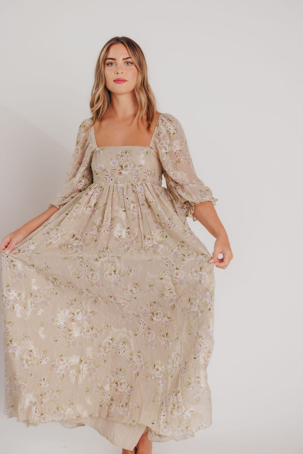 Mona Maxi Dress in Beige/Brown Floral - Bump Friendly